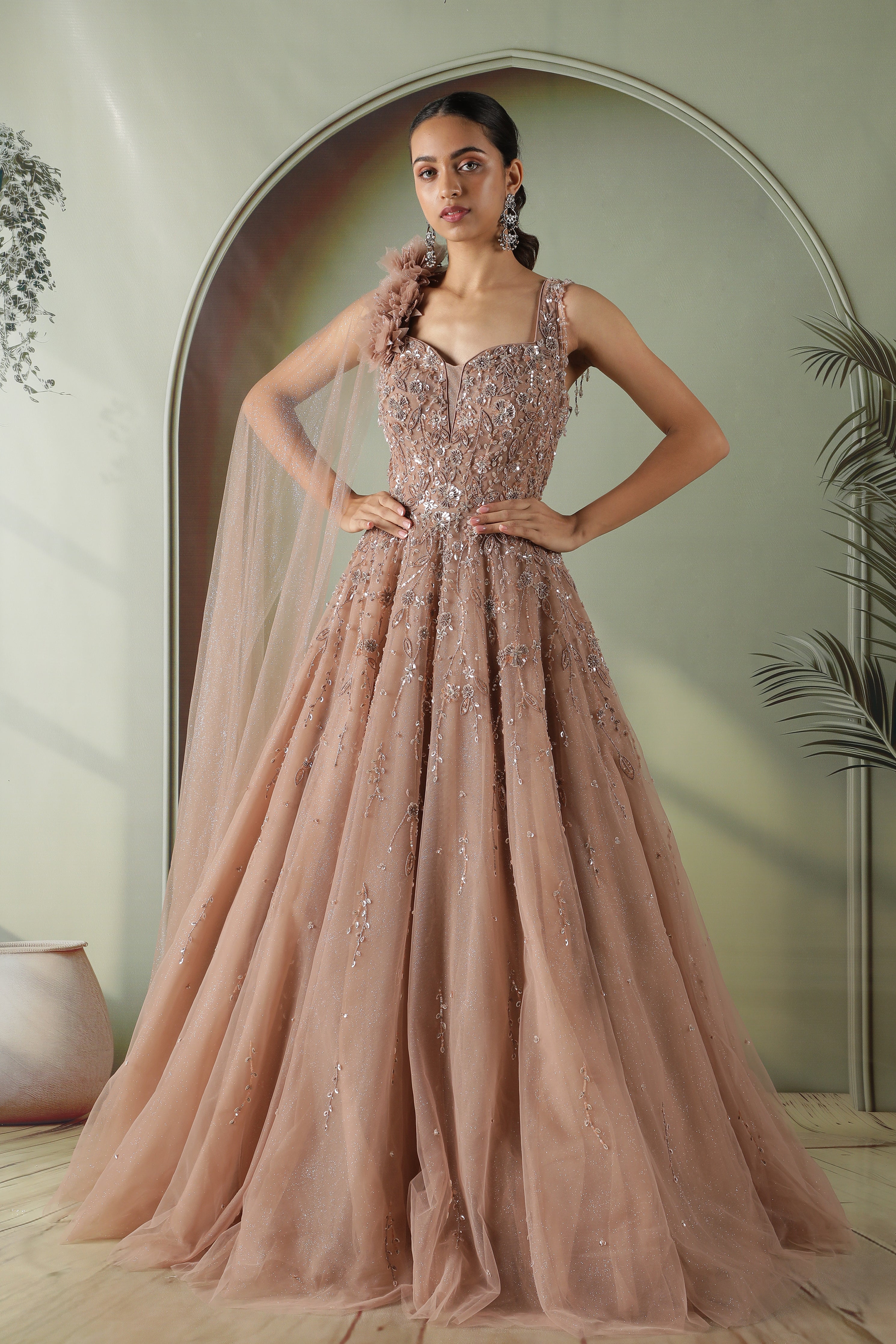 Dusty Peach Net Gown with Pearl and Sequin Embroidery - Mokshaa