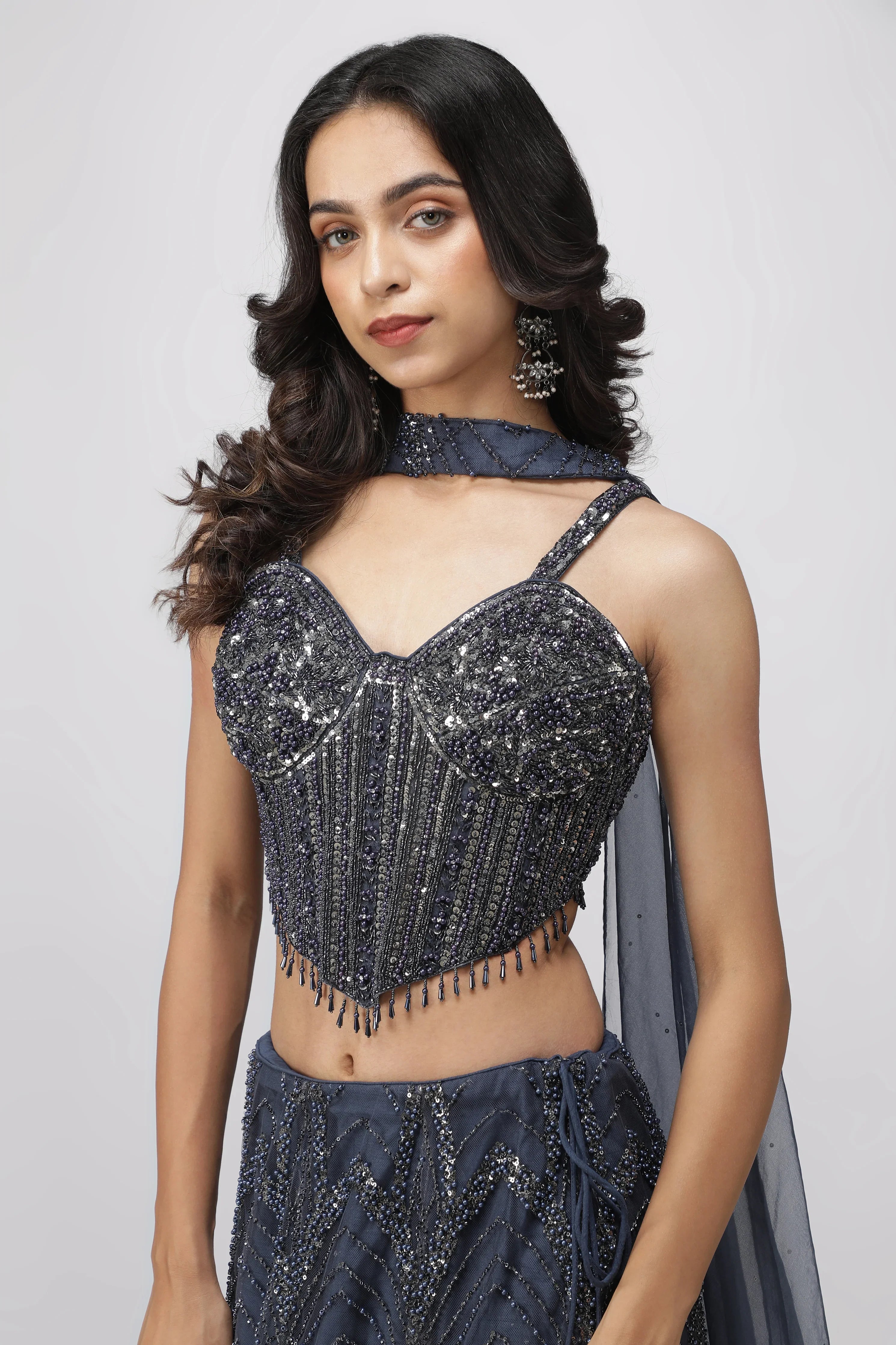 Blue Net Mermaid Lehenga with Embroidered Corset Blouse - Mokshaa