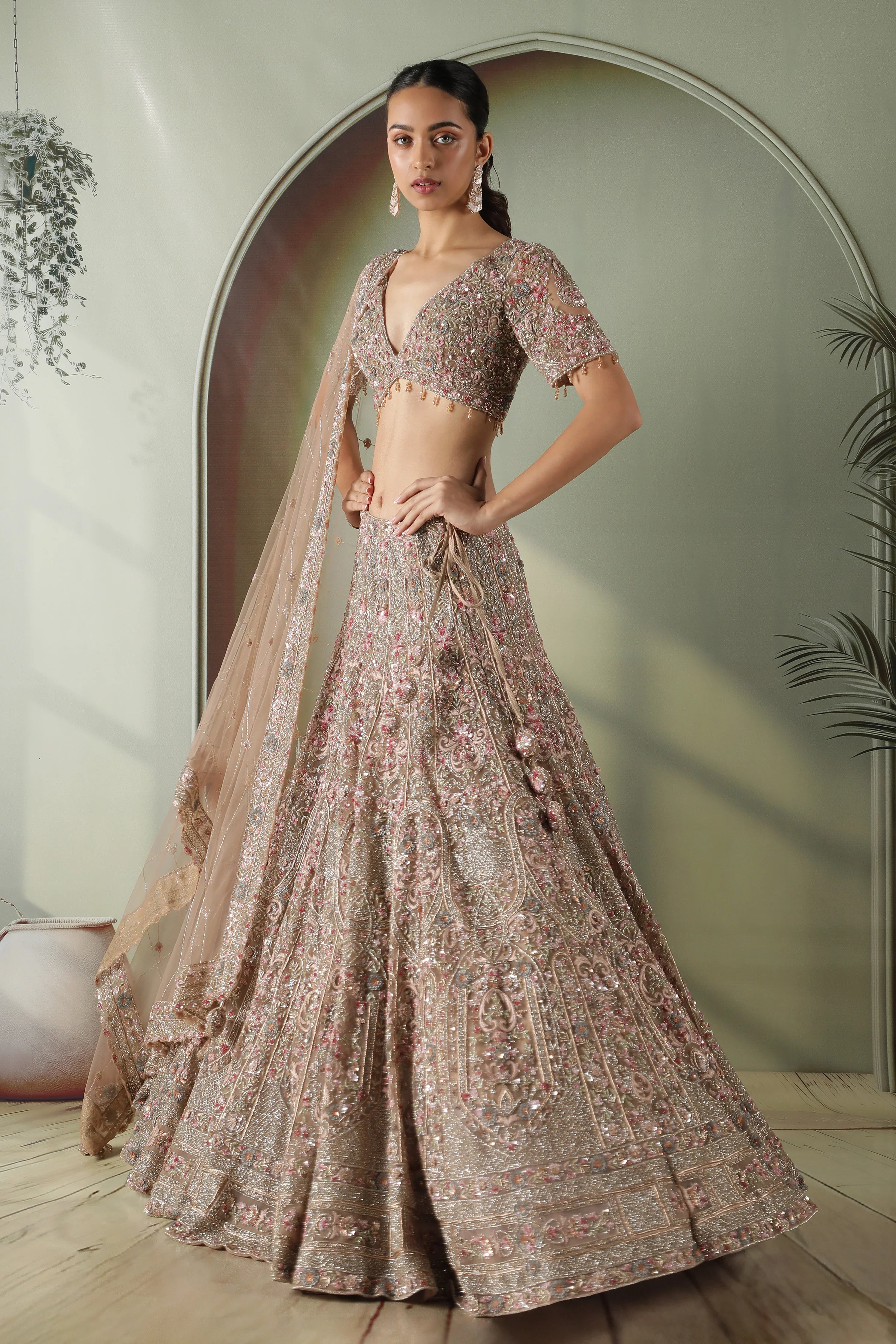 Mocha Taupe Multi-Color Embroidered Net Lehenga Set - Mokshaa