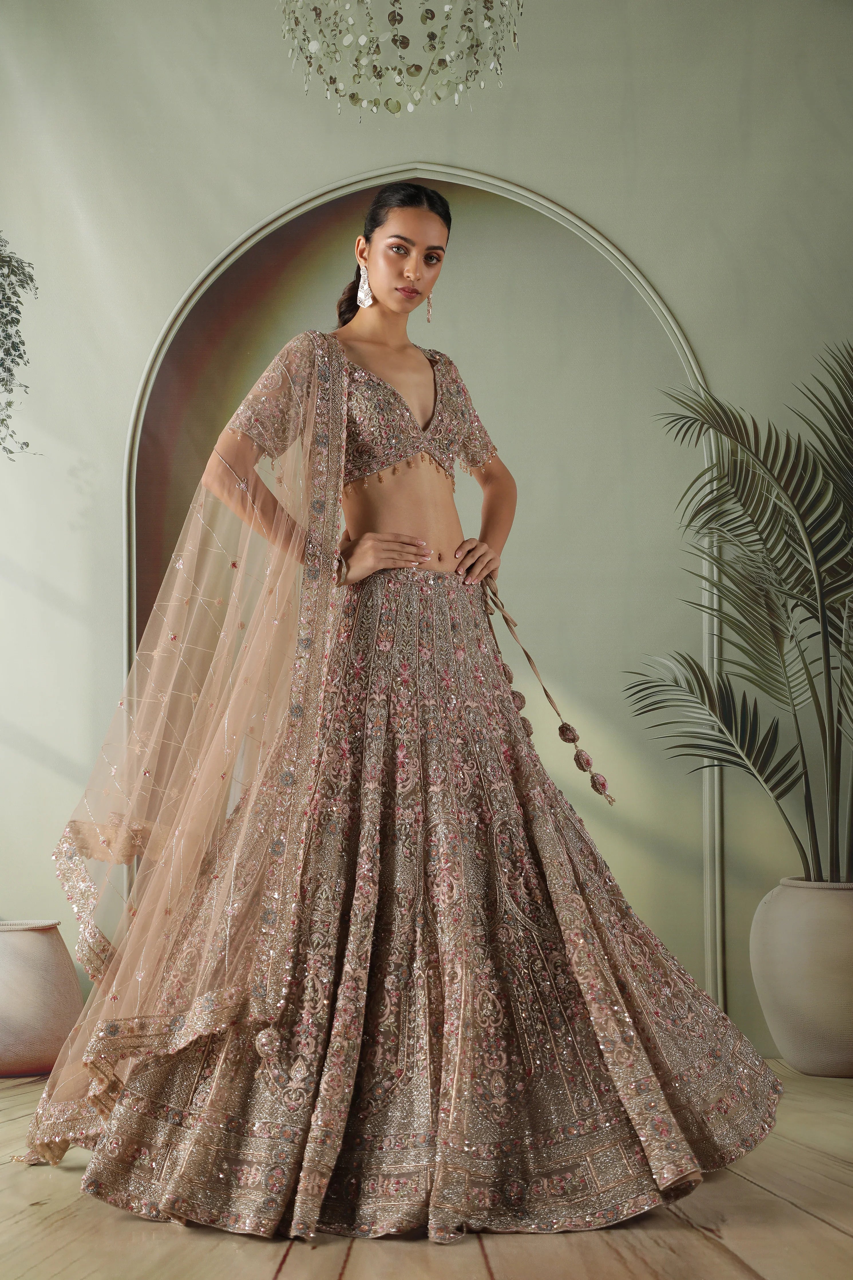 Mocha Taupe Multi-Color Embroidered Net Lehenga Set - Mokshaa
