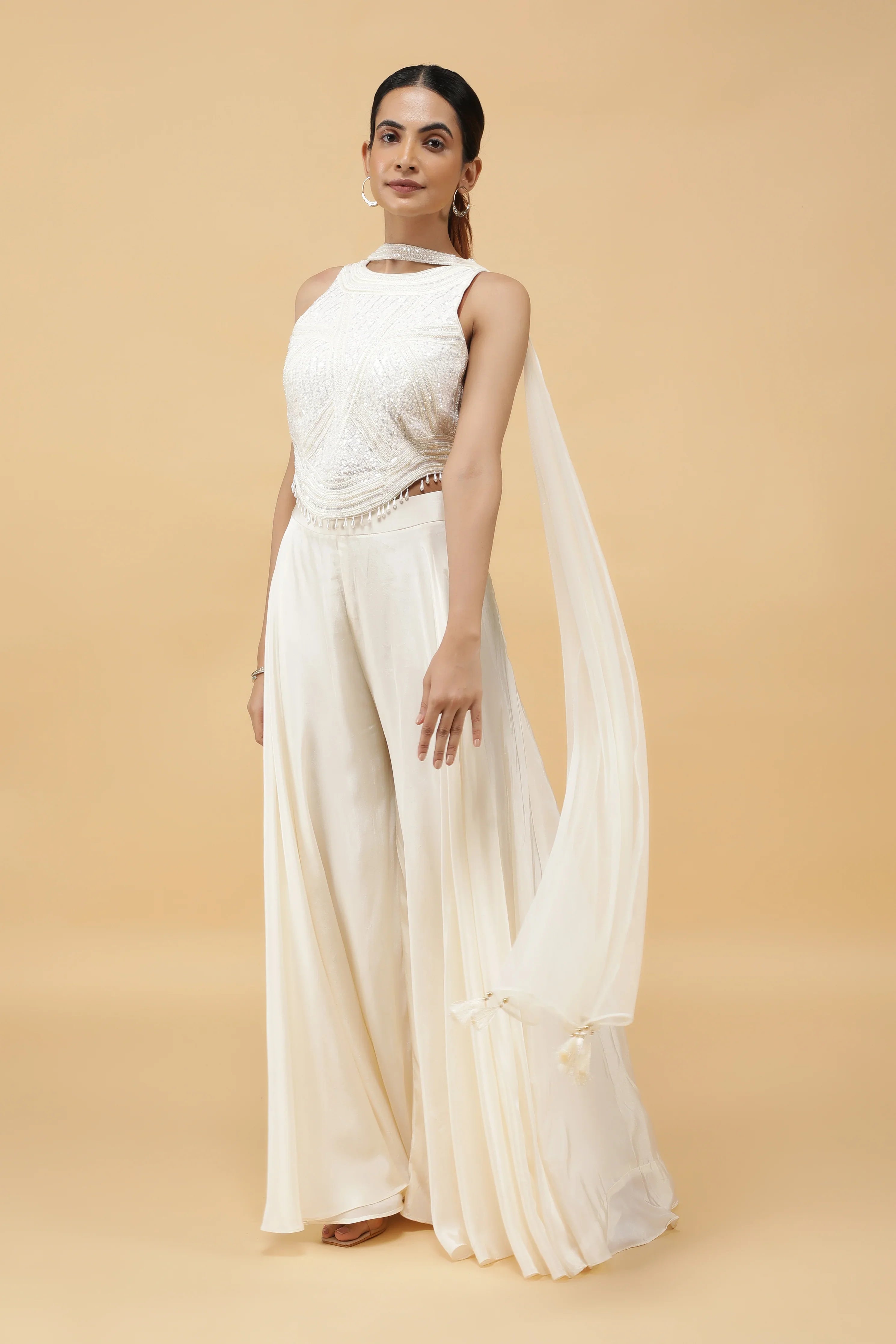Ivory Prism Kutdana Embroidered Crop Top, Palazzo & Dupatta Set - Mokshaa