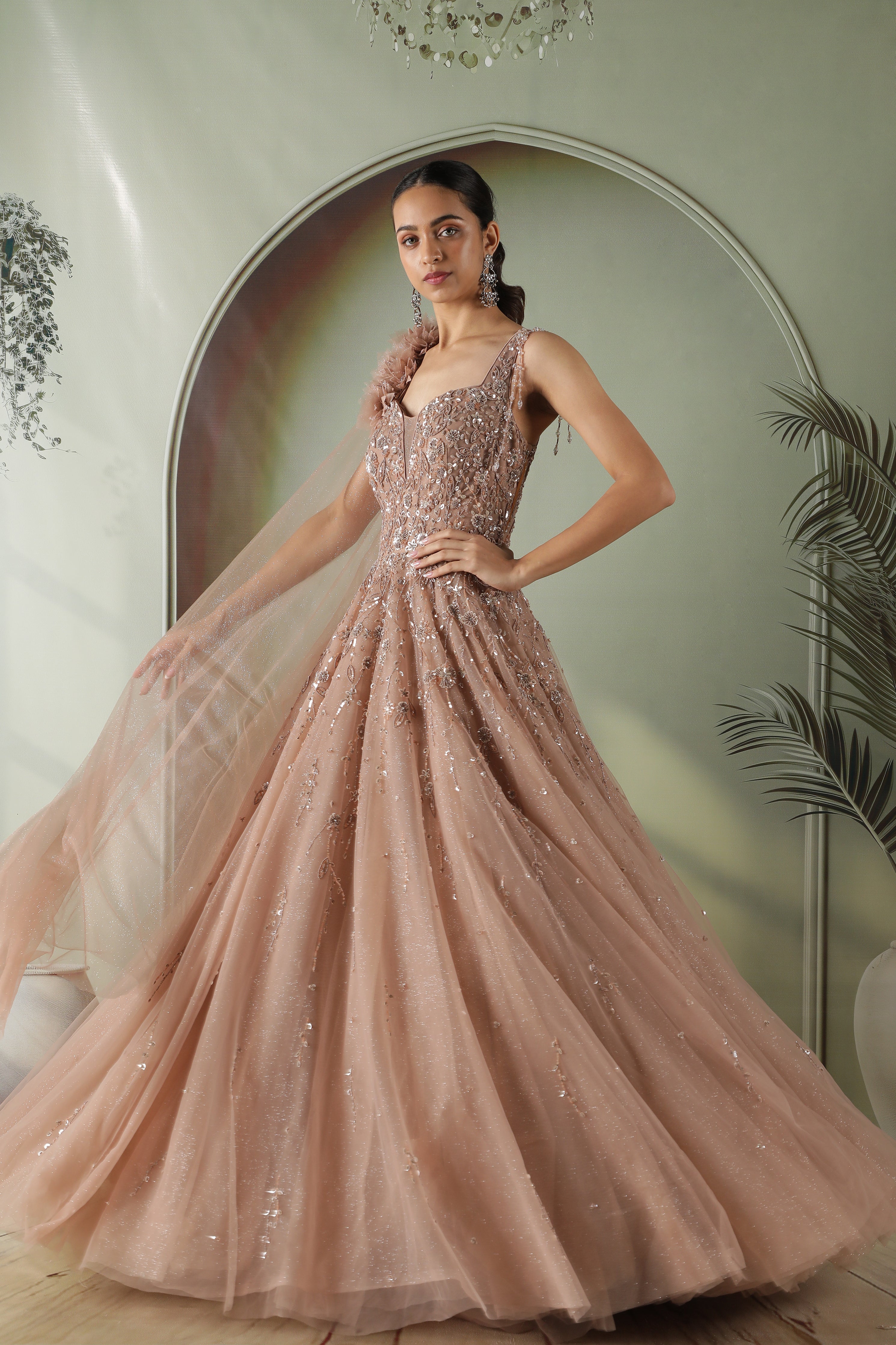 Dusty Peach Net Gown with Pearl and Sequin Embroidery - Mokshaa