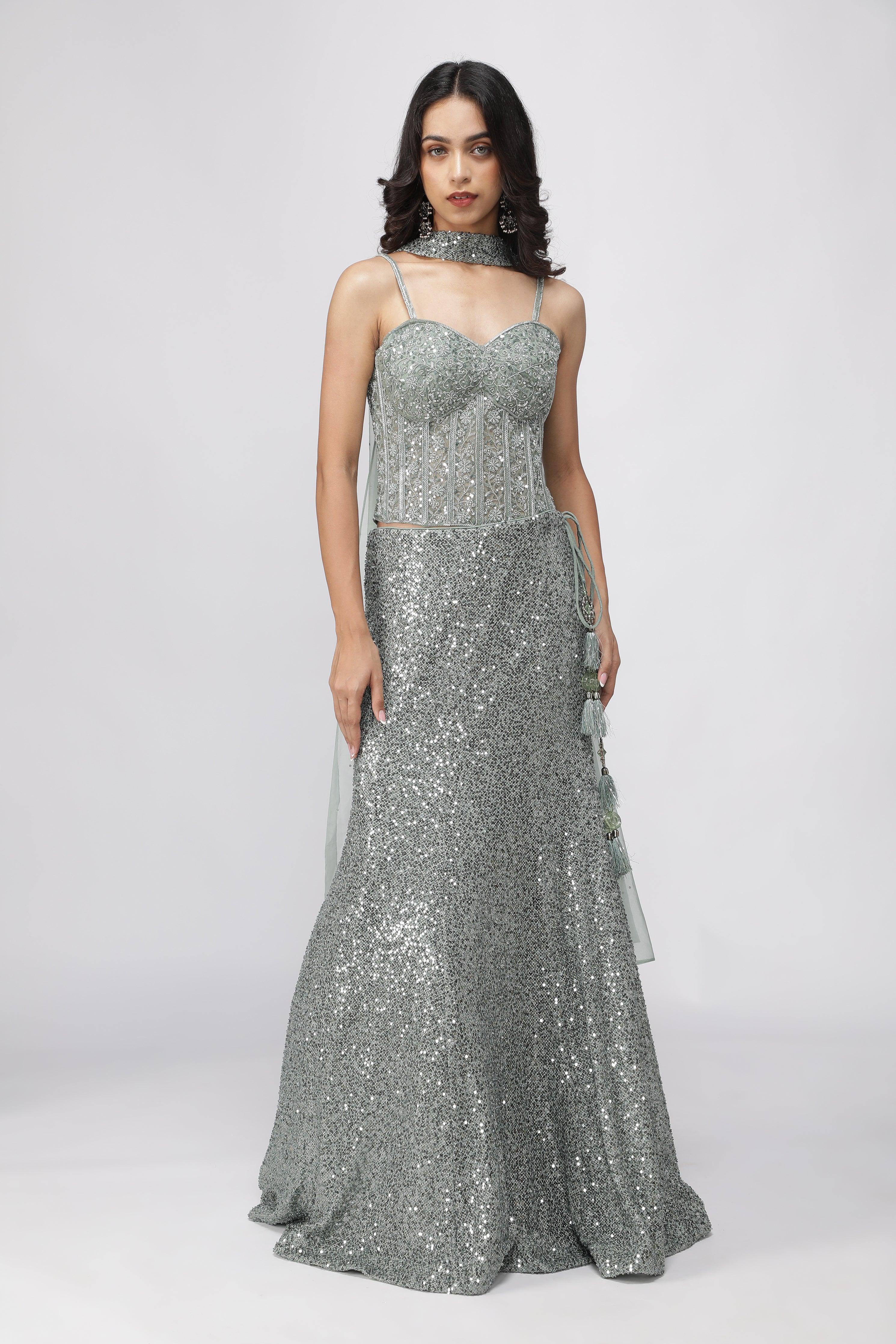 Mint Green Net Mermaid Cut Lehenga Set | Lehenga | Mokshaa
