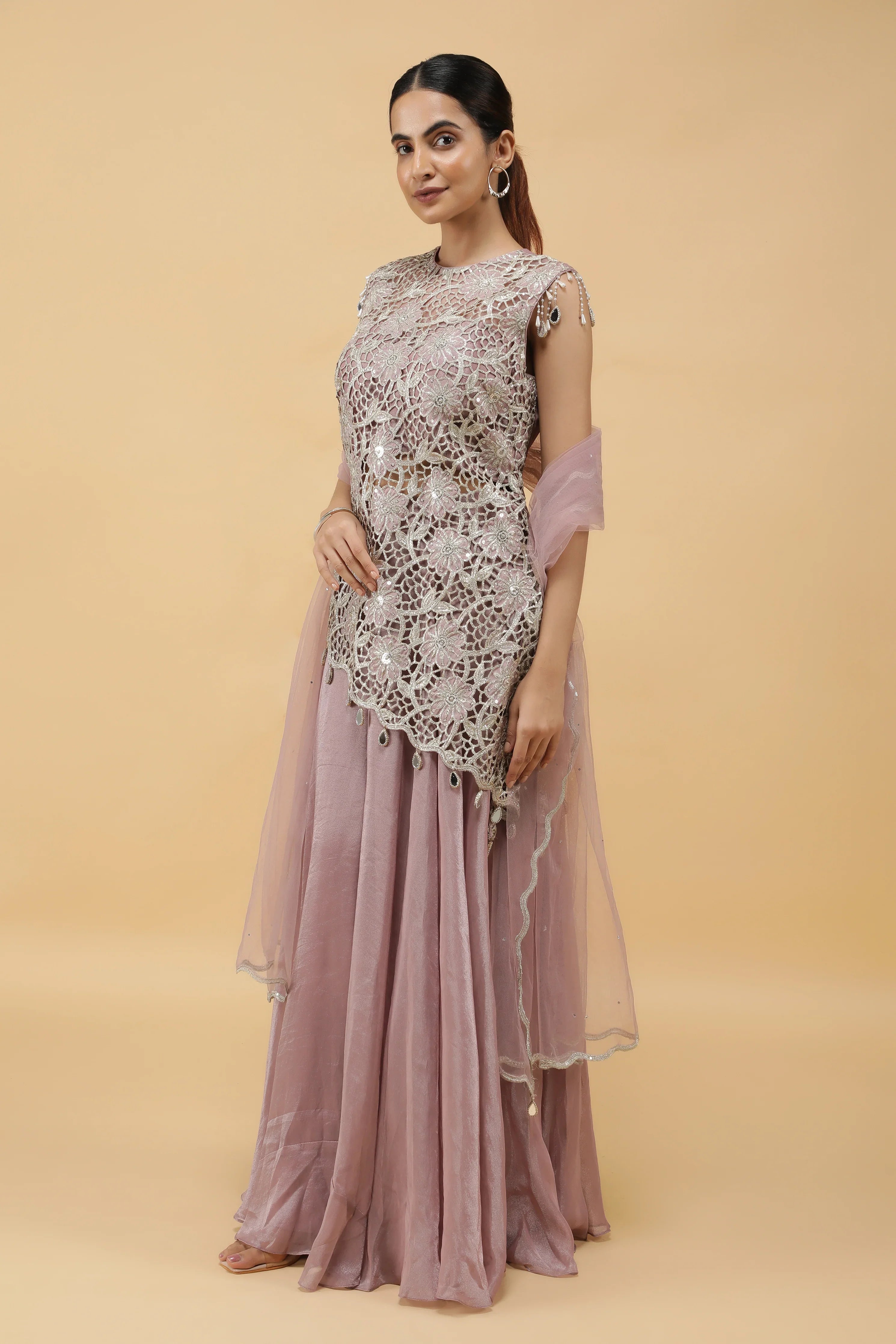 Lavender Lattice Zari Cutwork Top & Palazzo Set - Mokshaa