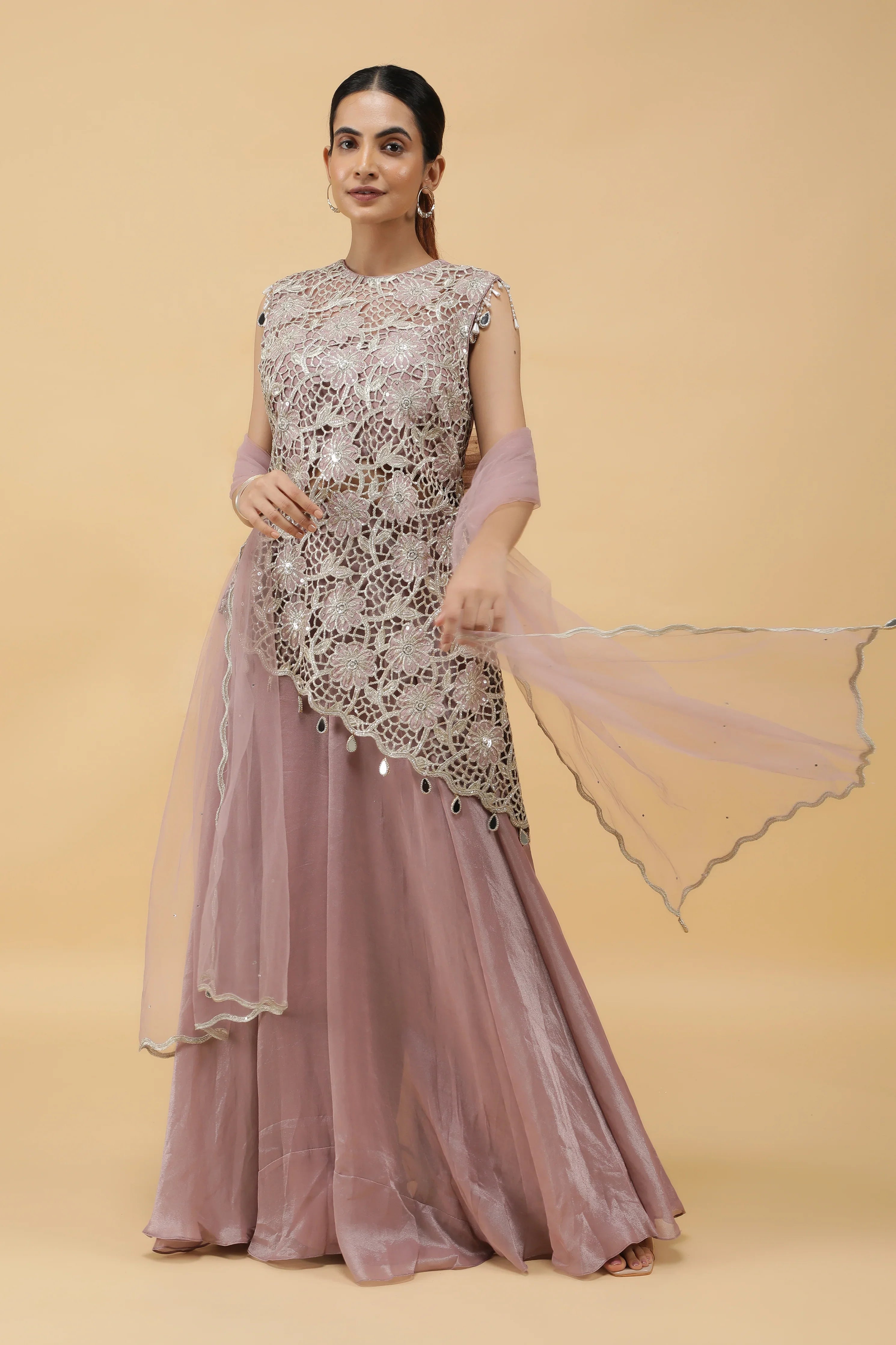Lavender Lattice Zari Cutwork Top & Palazzo Set - Mokshaa
