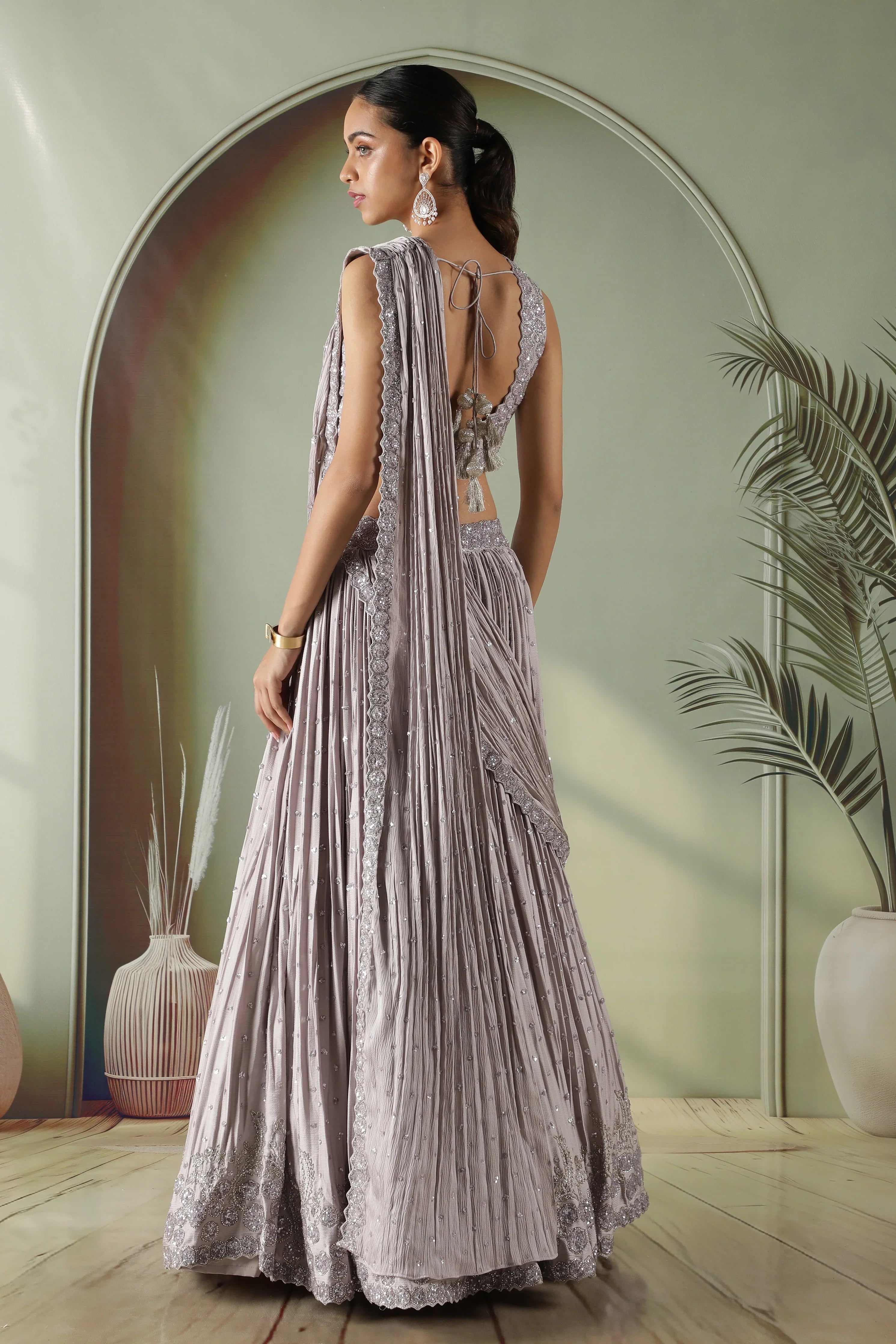 Lavender Silk Draped Lehenga Set - Mokshaa