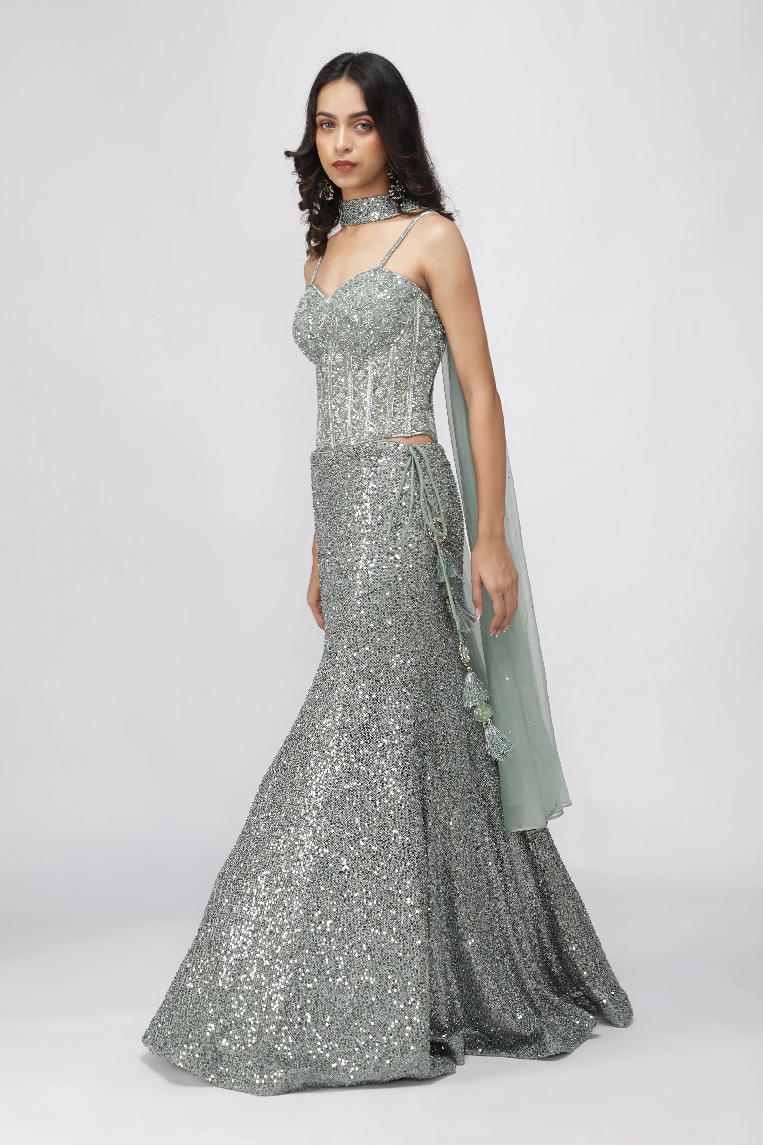 Mint Green Net Mermaid Cut Lehenga Set | Lehenga | Mokshaa
