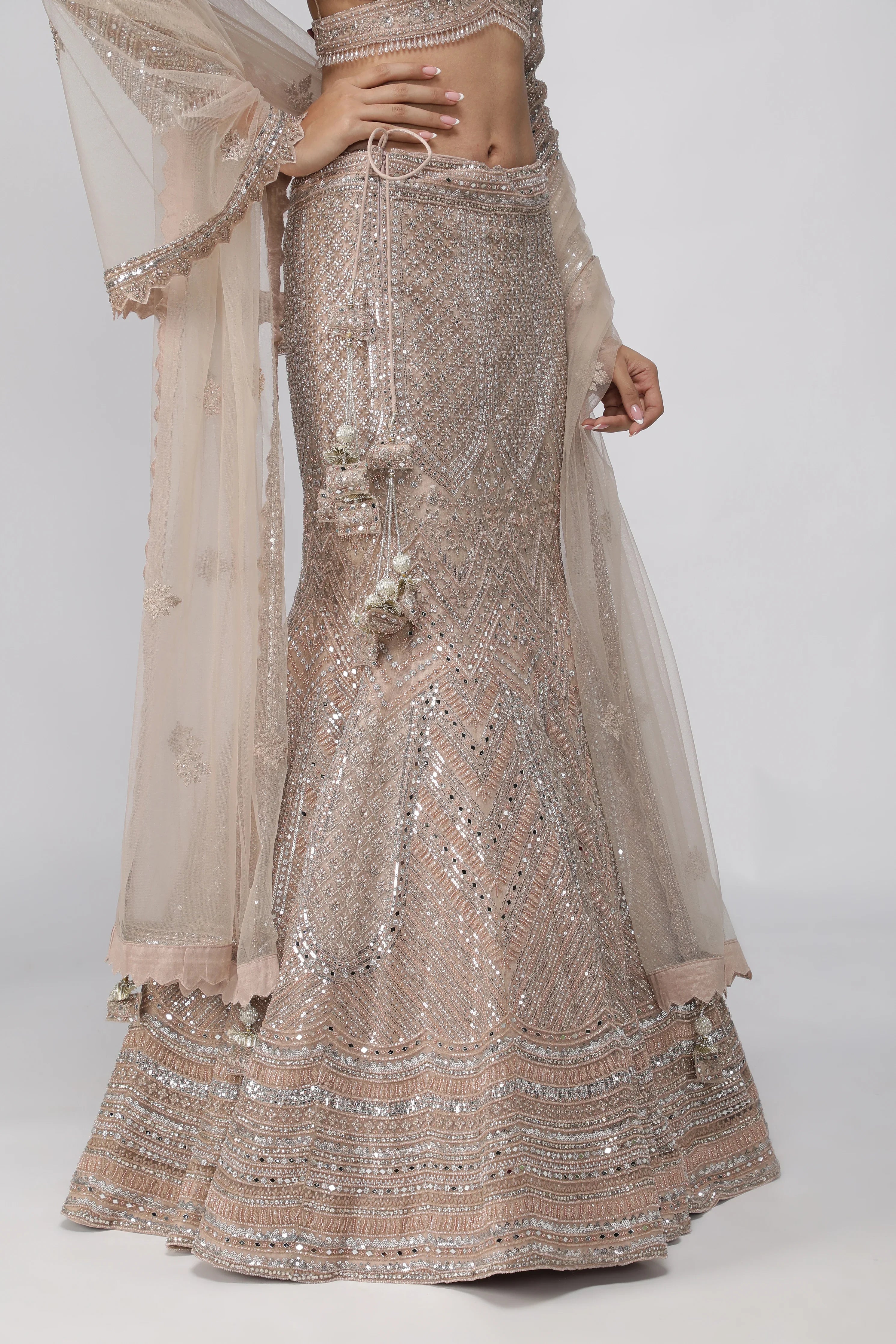 Embellished Champagne Beige Mermaid Lehenga set - Mokshaa
