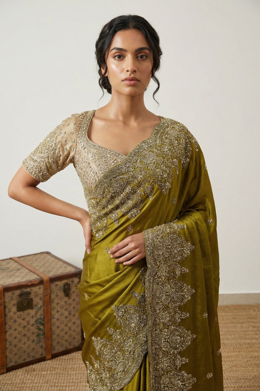 Greenish Yellow Satin Saree with Zardozi Border - Mokshaa