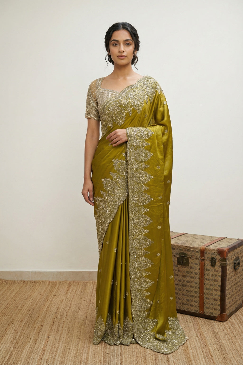 Greenish Yellow Satin Saree with Zardozi Border - Mokshaa