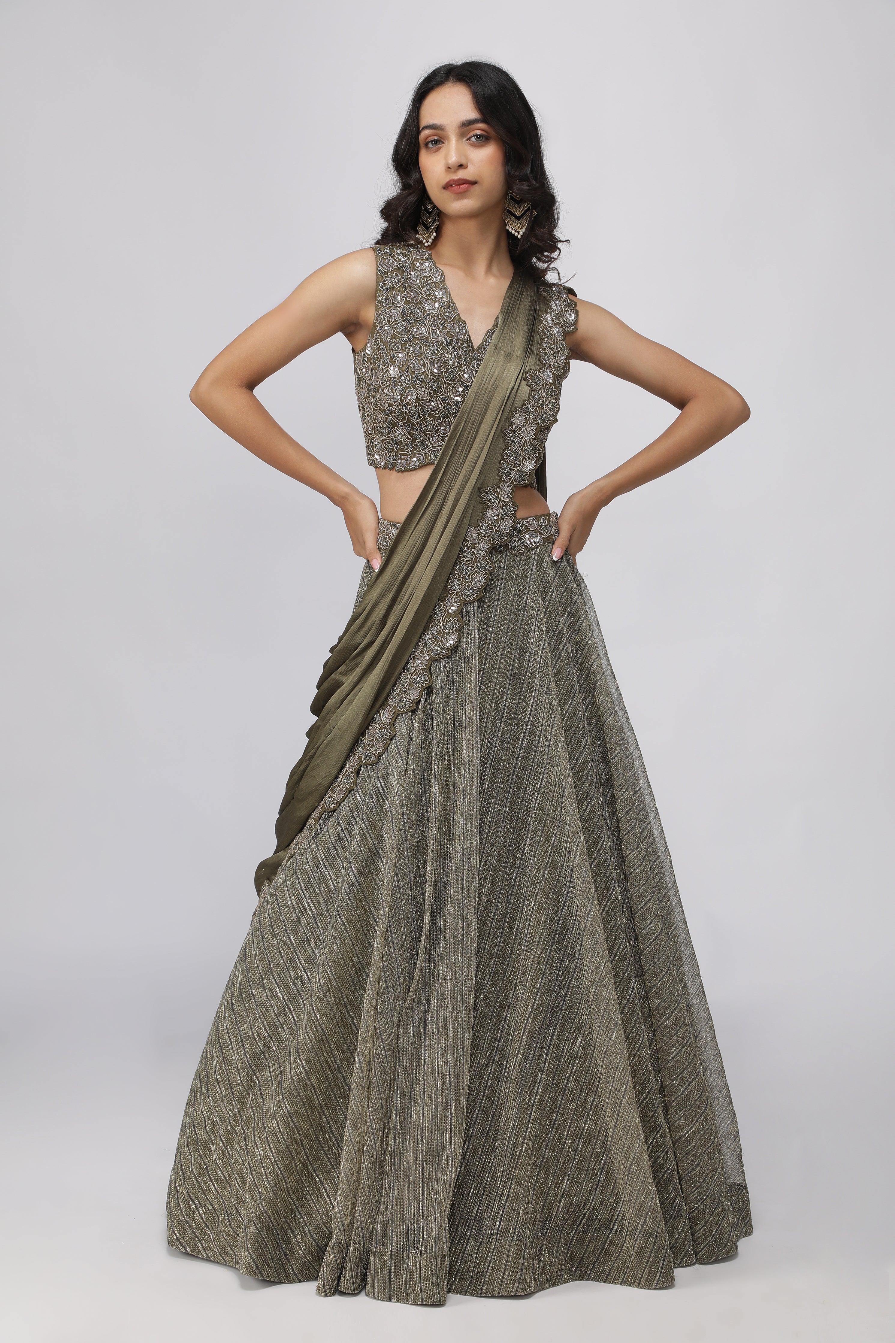Olive Green Embroidered Lehenga set - Mokshaa