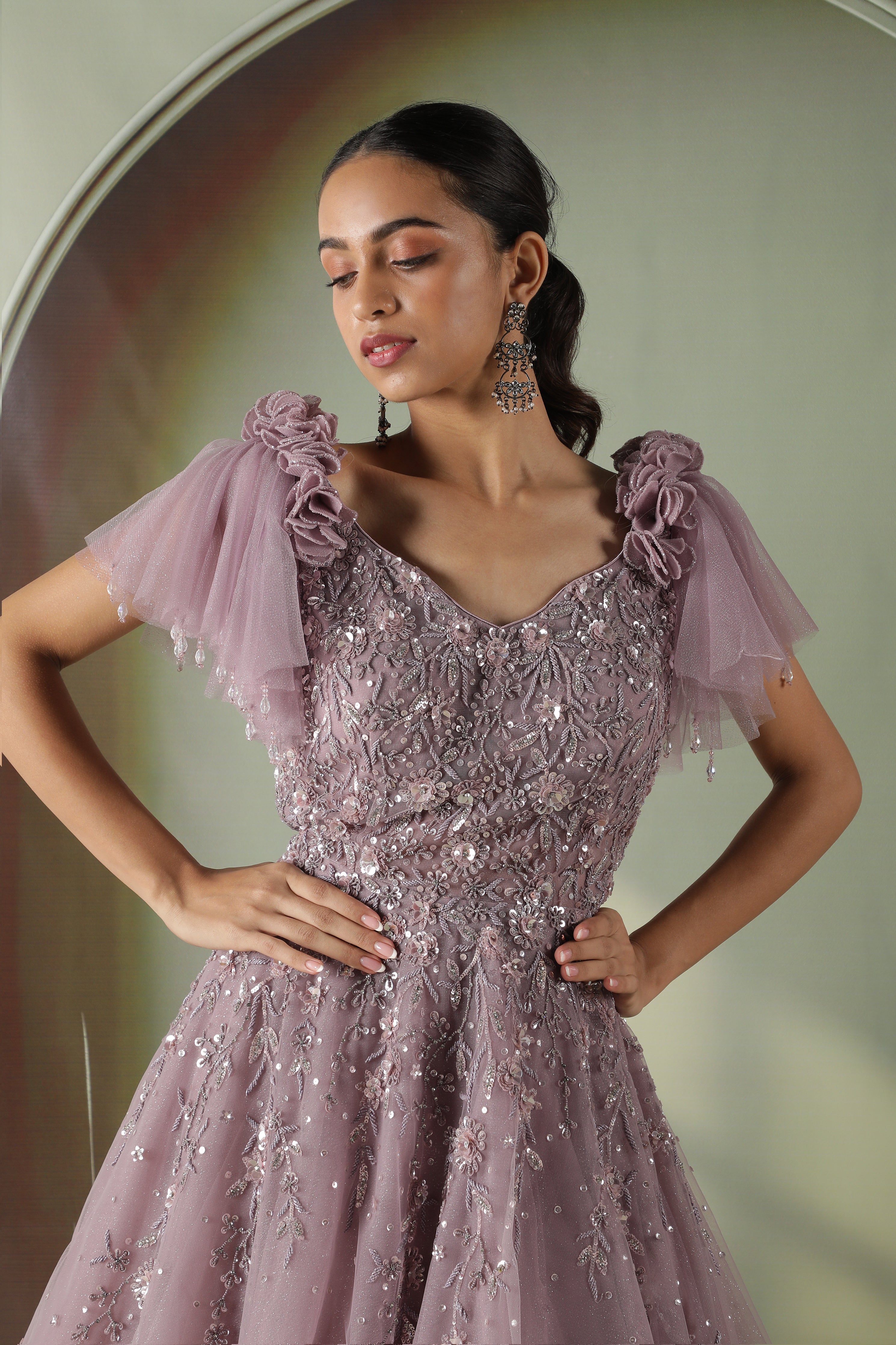 Lavender Net Gown with Sequin, Pearl & Floral Embroidery - Mokshaa