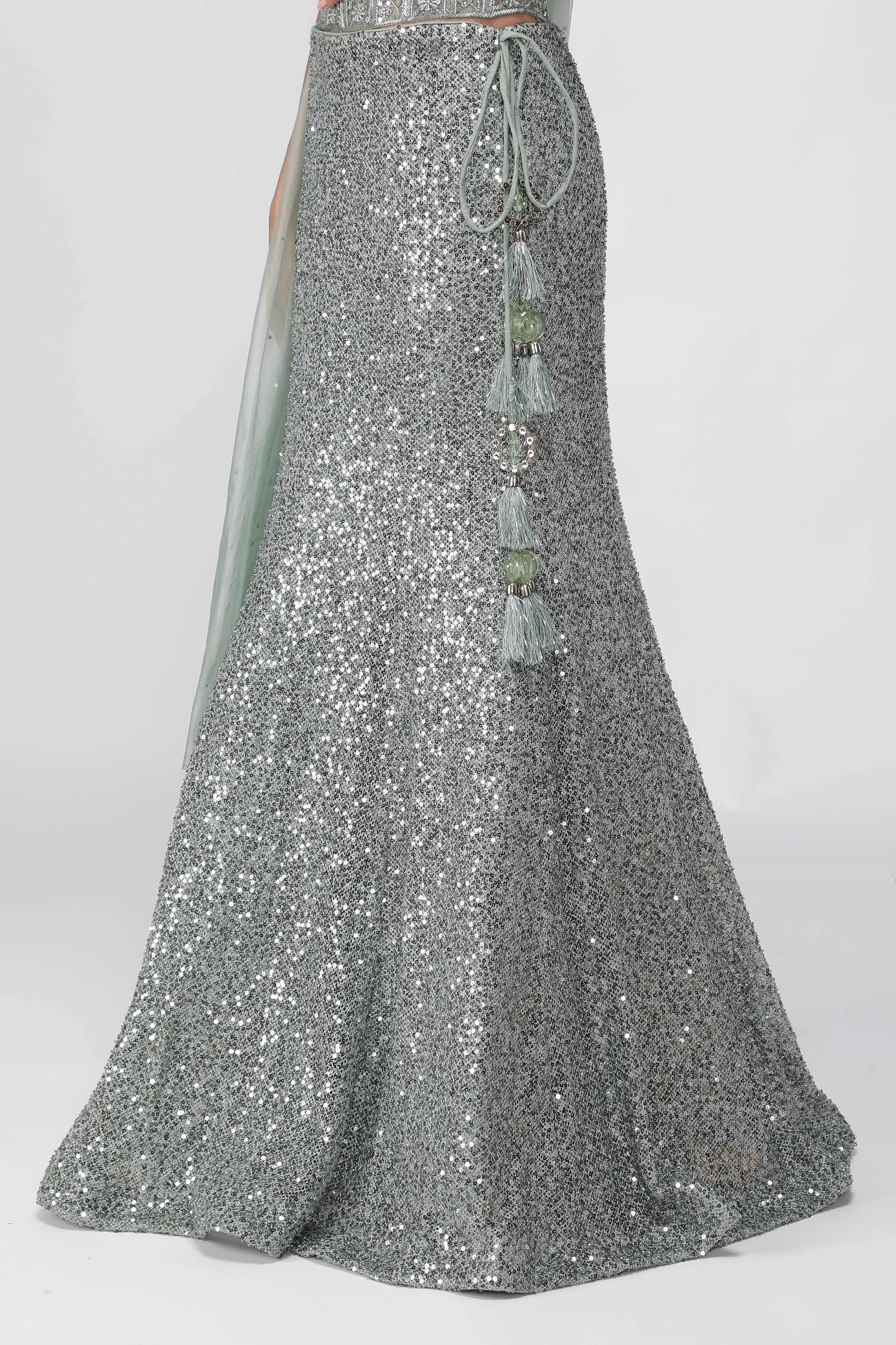 Mint Green Net Mermaid Cut Lehenga Set | Lehenga | Mokshaa