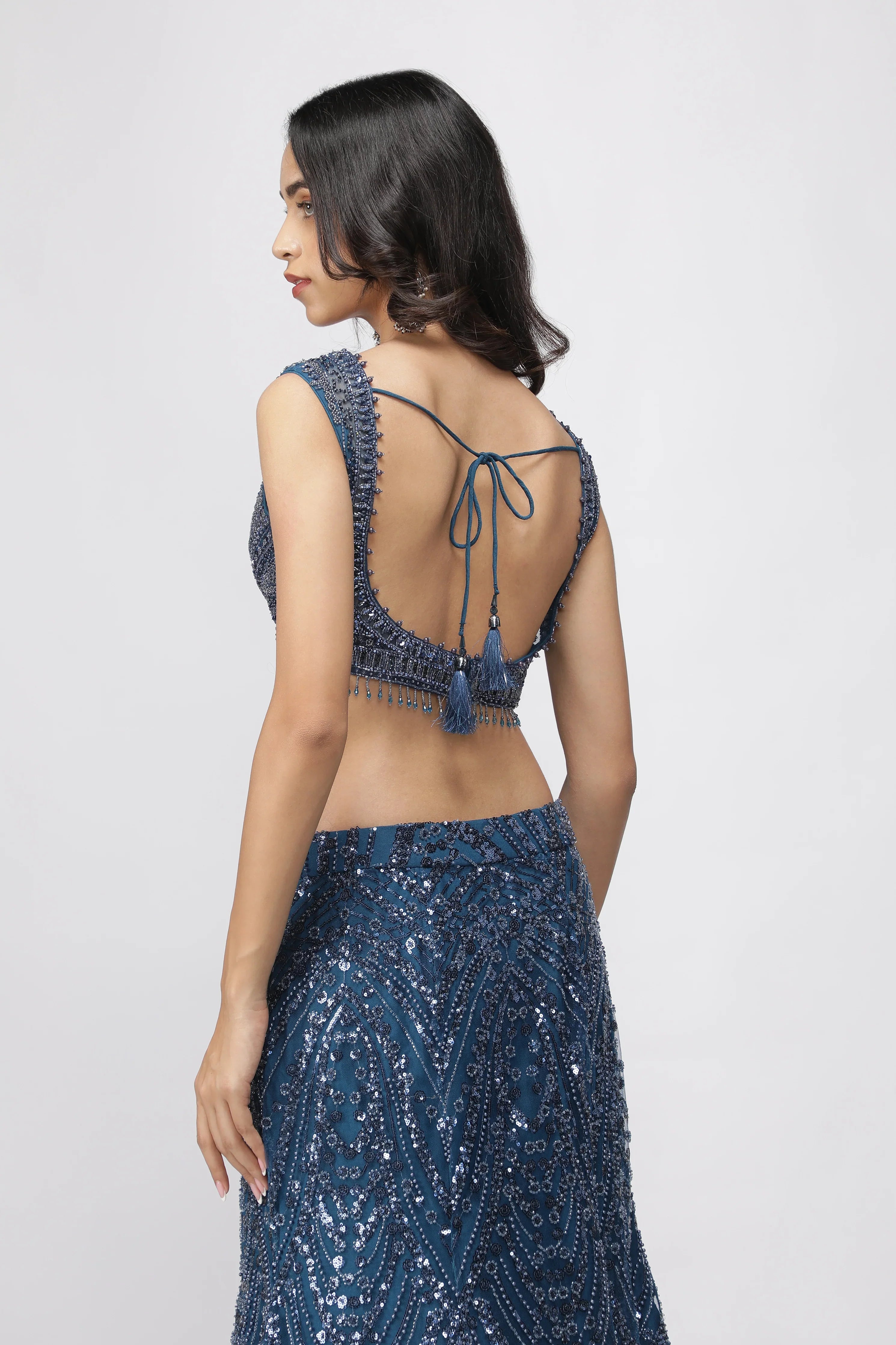 Electric Blue Net Mermaid Cut Lehenga Set - Mokshaa