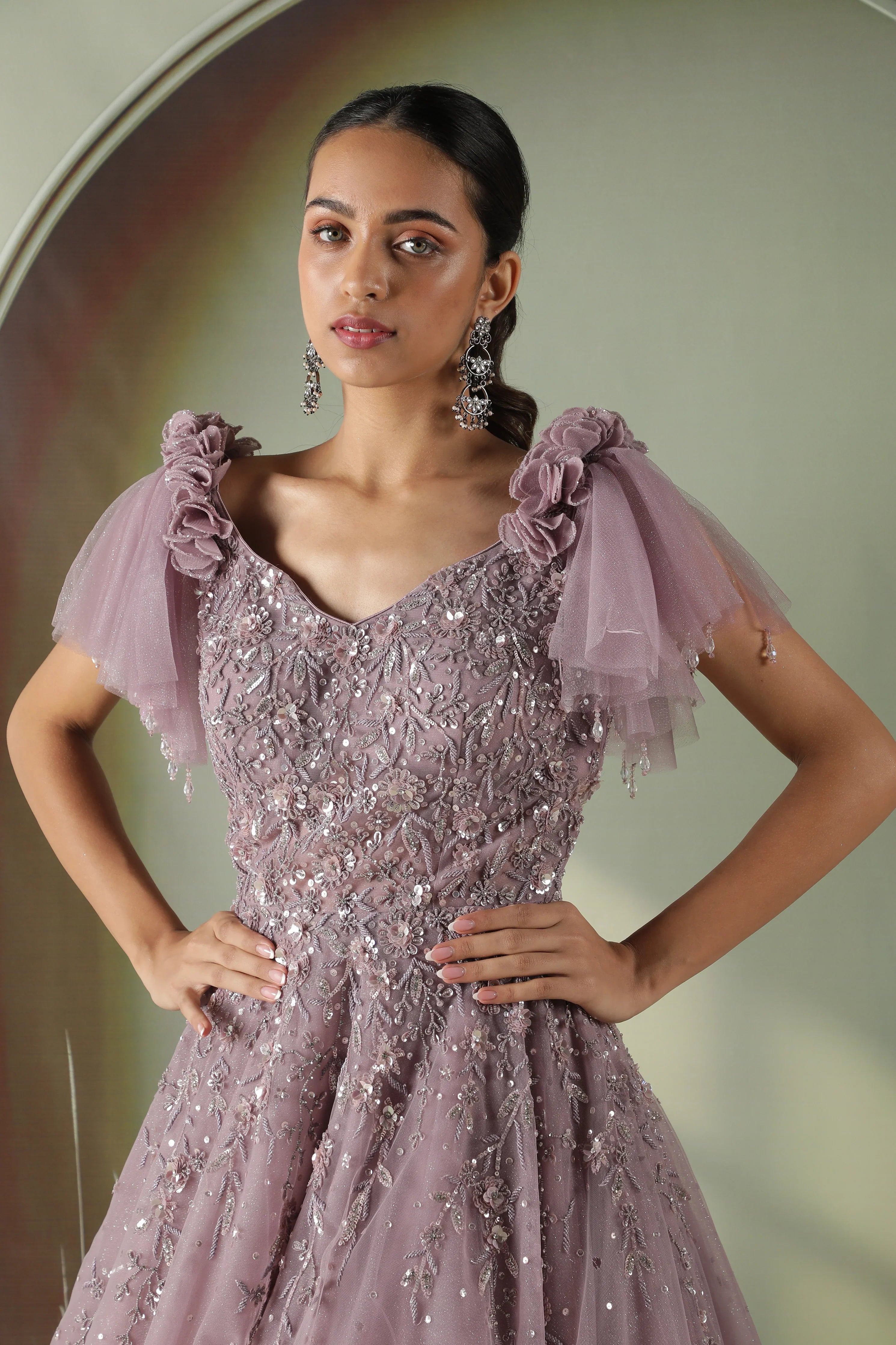 Lavender Net Gown with Sequin, Pearl & Floral Embroidery - Mokshaa