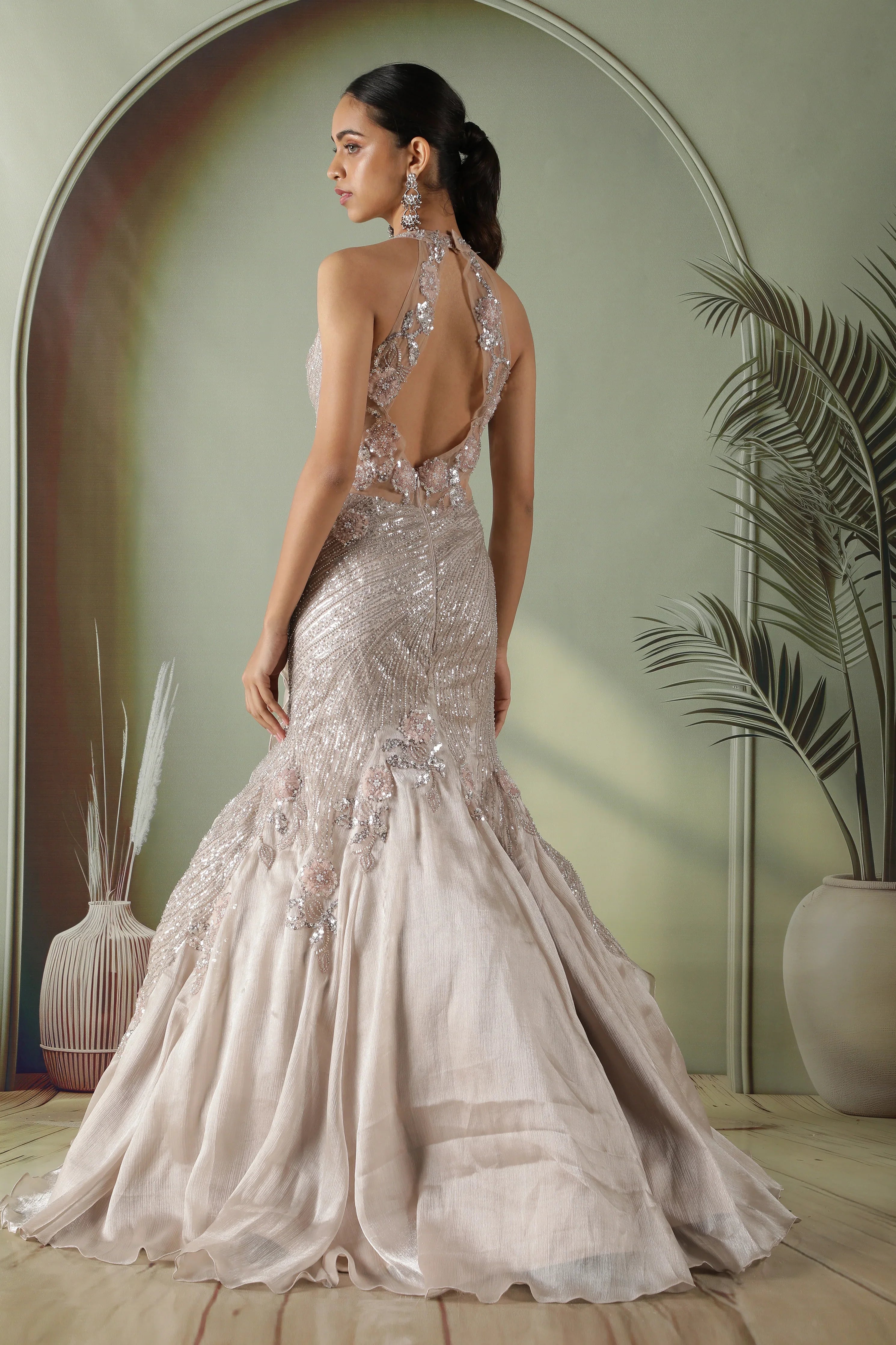 Champagne Grey Crushed Tissue Mermaid Gown with Sequins & Floral Appliqu茅 - Mokshaa