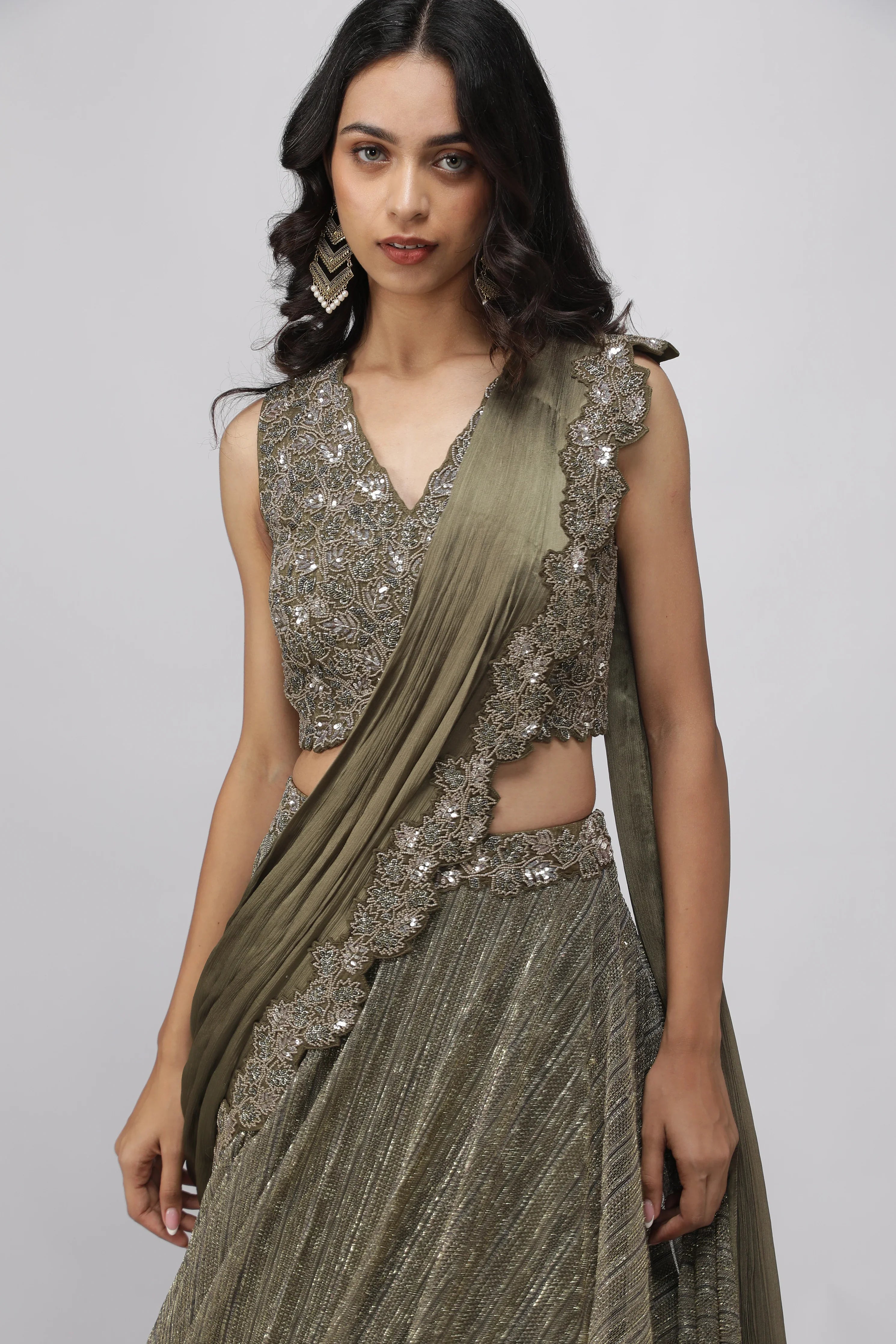 Olive Green Embroidered Lehenga set - Mokshaa