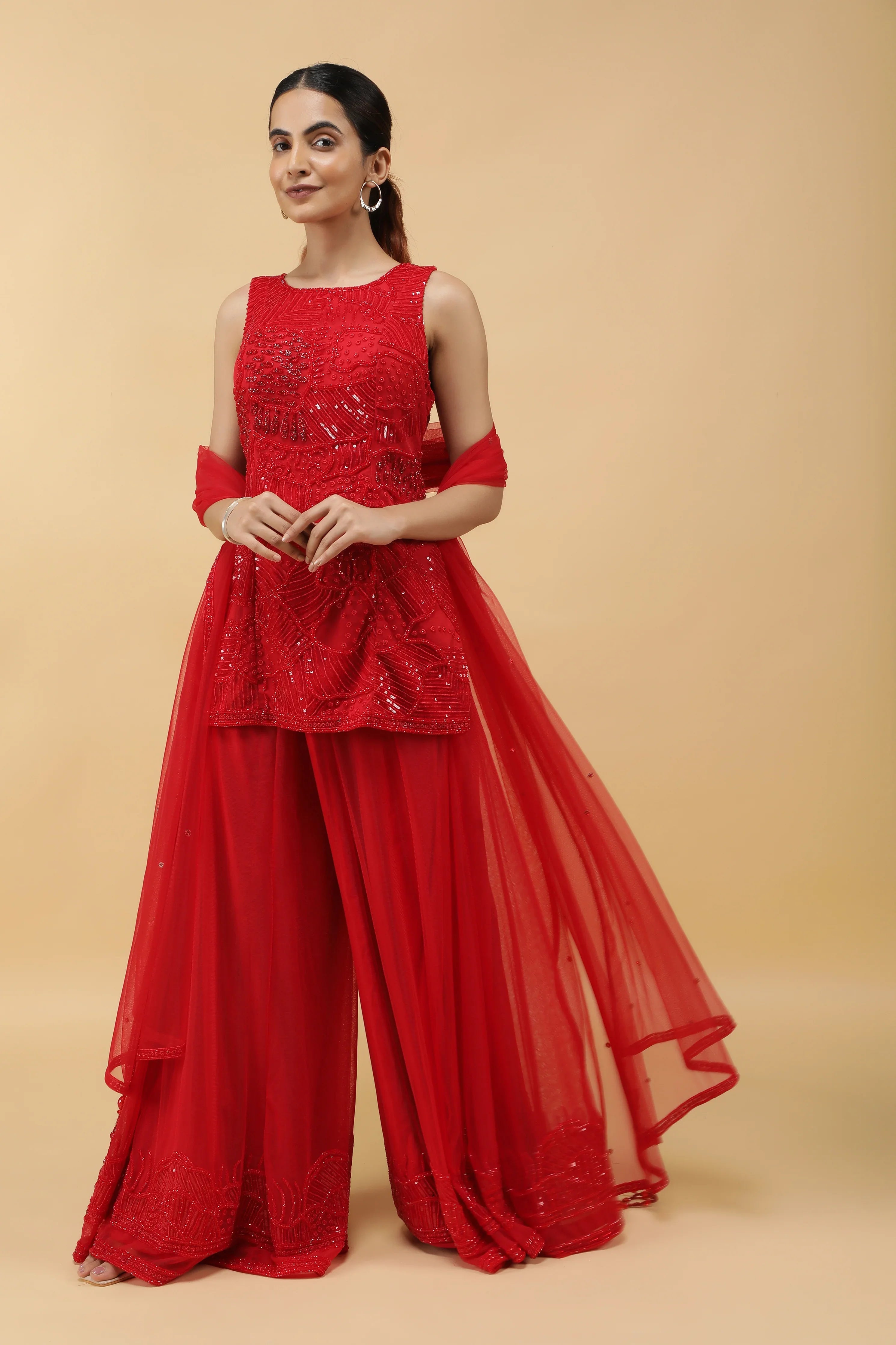 Elegant Red Net Sharara Set with Sequins, Kutdana & Pearl Embroidery - Mokshaa