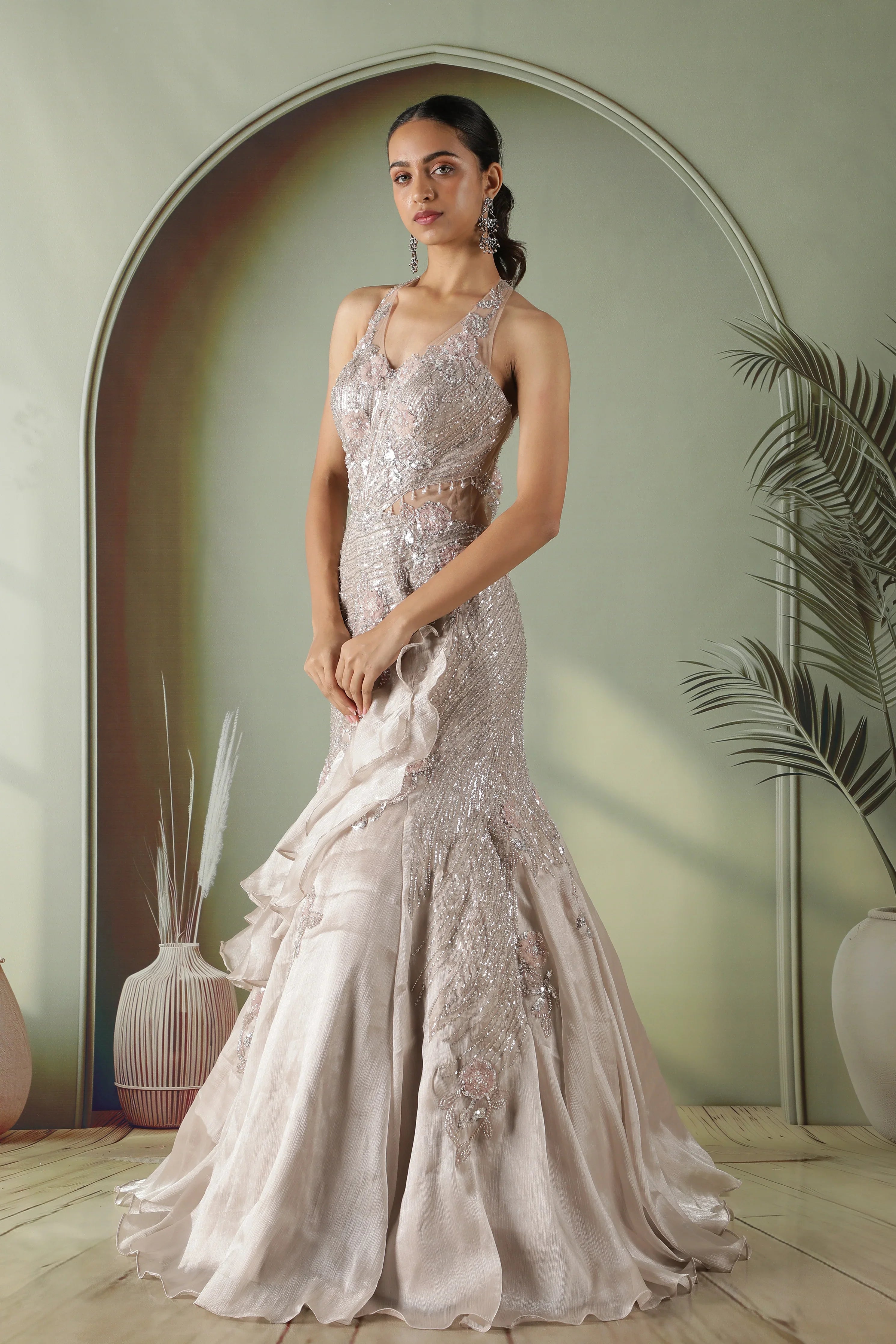 Champagne Grey Crushed Tissue Mermaid Gown with Sequins & Floral Appliqu茅 - Mokshaa