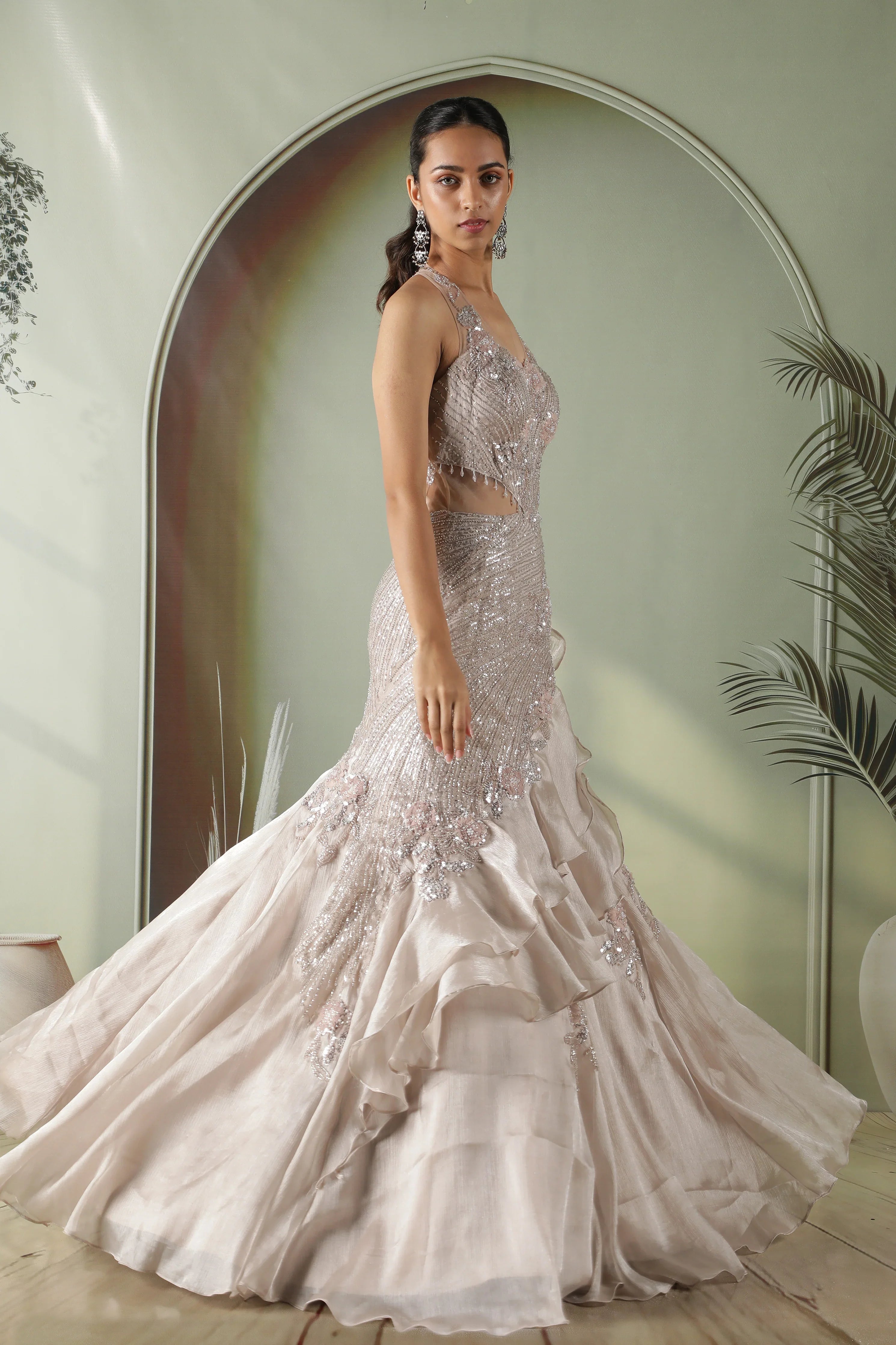 Champagne Grey Crushed Tissue Mermaid Gown with Sequins & Floral Appliqu茅 - Mokshaa