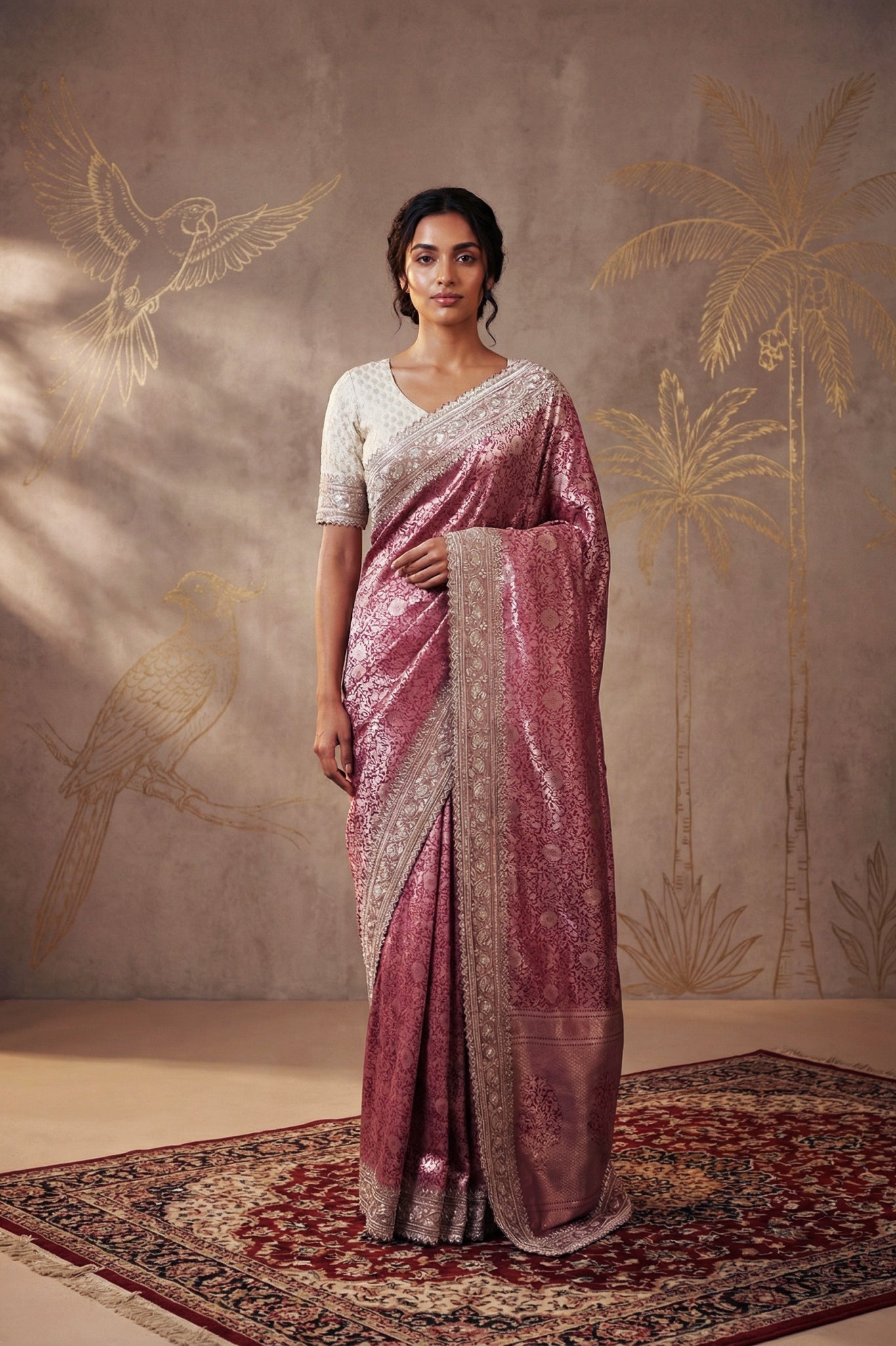 Pink Banarasi Silk Saree with Jaal Zari & Pearl Embellished Border - Mokshaa