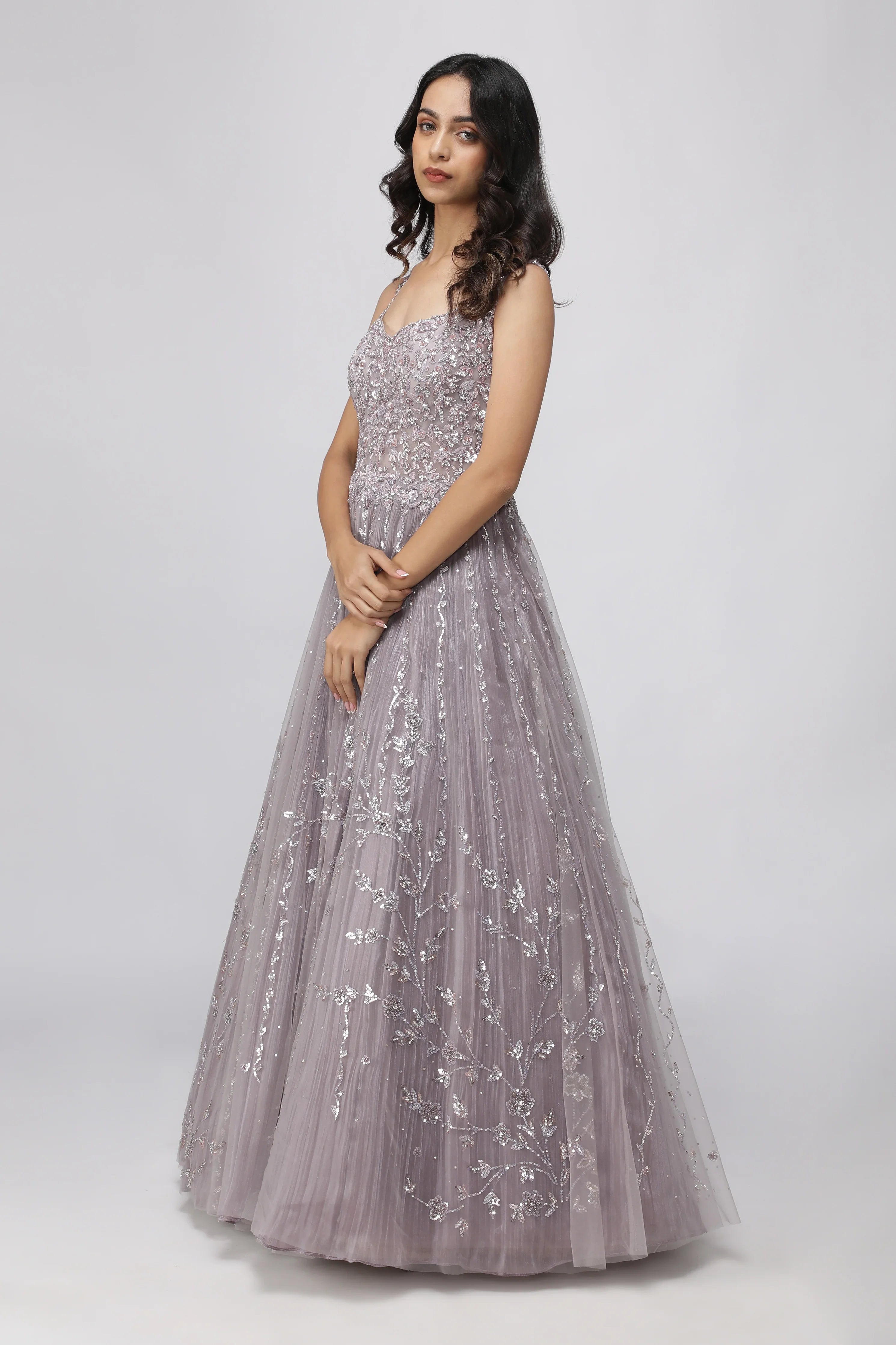 Lavender Net Gown with Pearl and Sequin Embroidery - Mokshaa