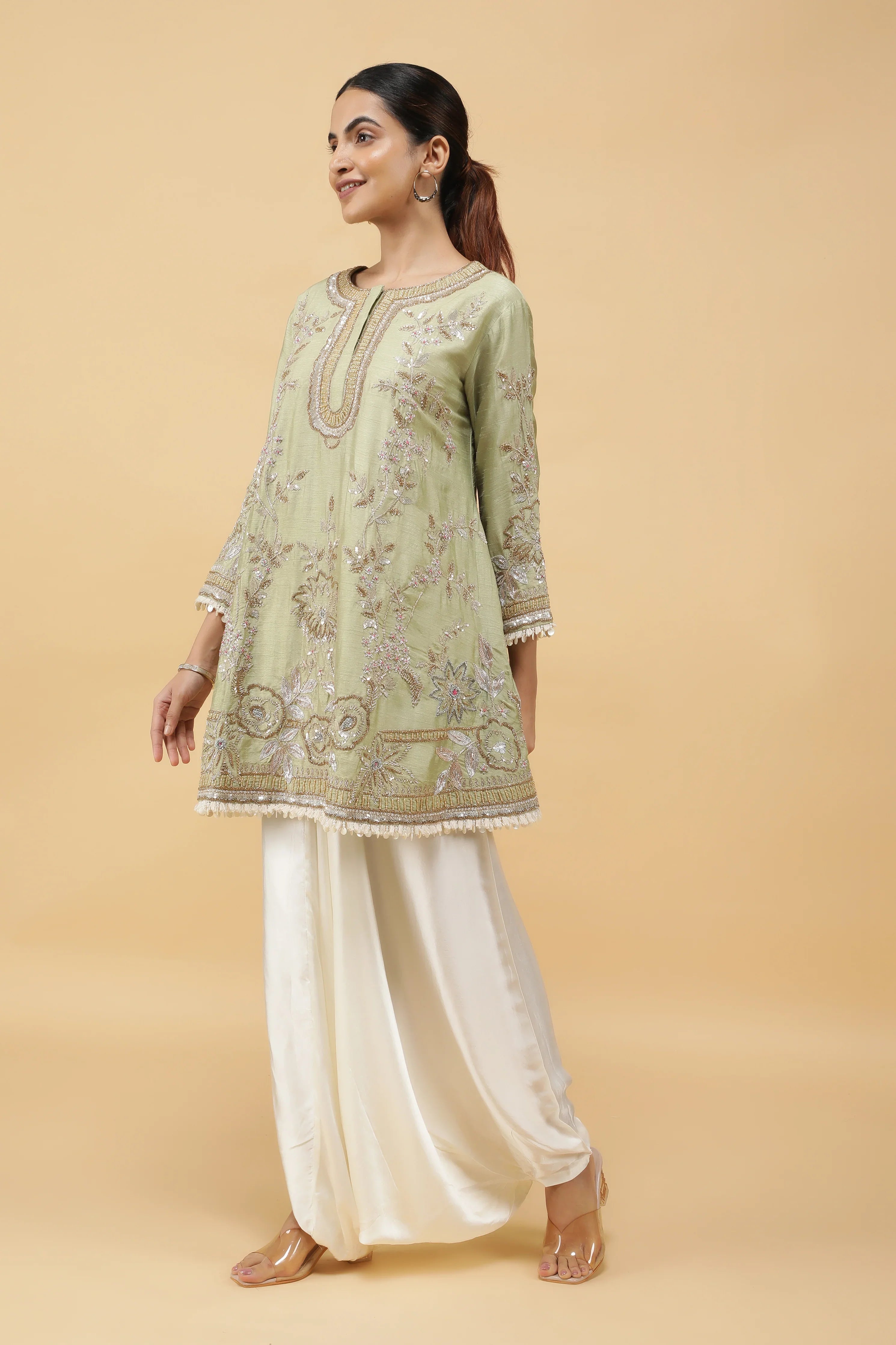 Pastel Green Silk Kurta Set with Ivory Dhoti Pants - Mokshaa