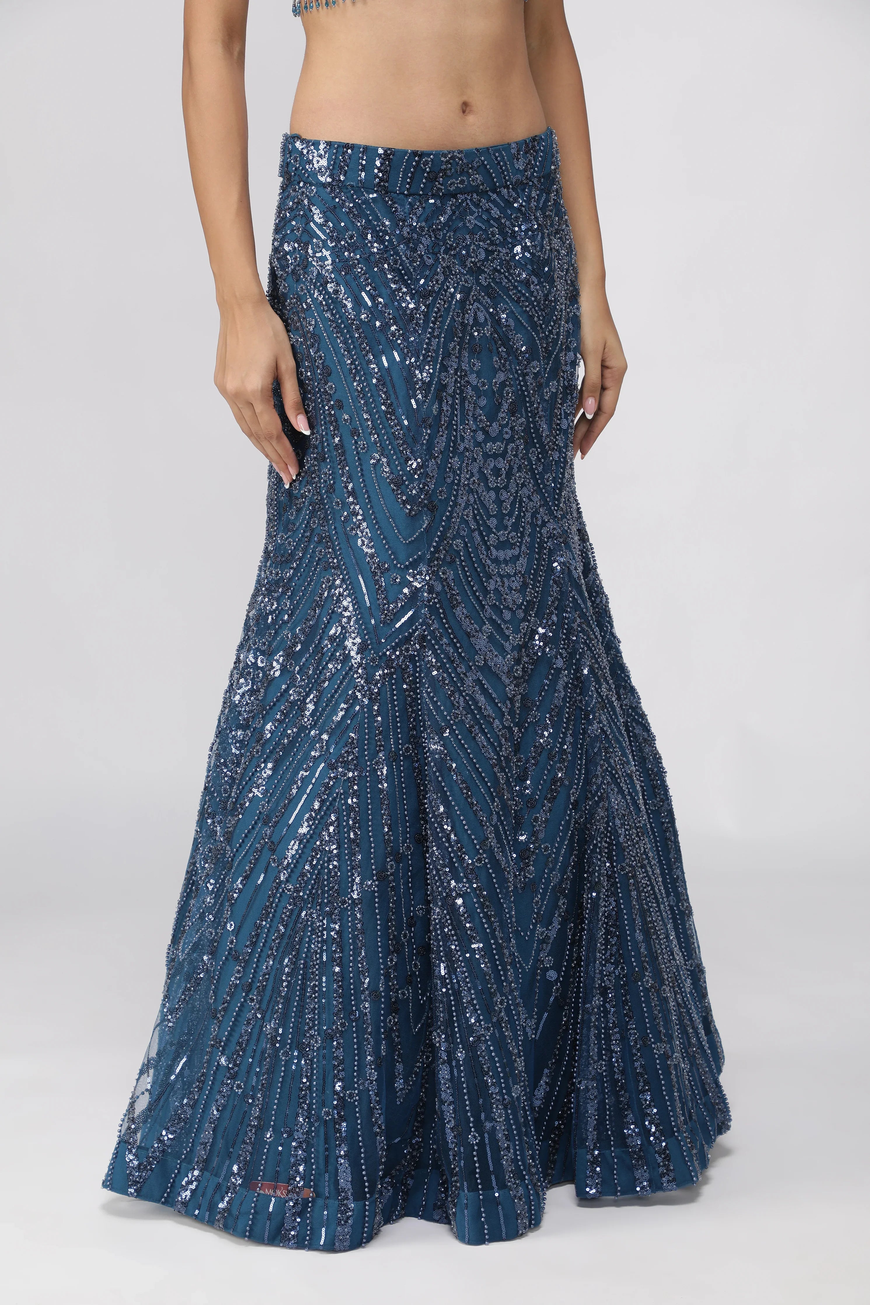 Electric Blue Net Mermaid Cut Lehenga Set - Mokshaa