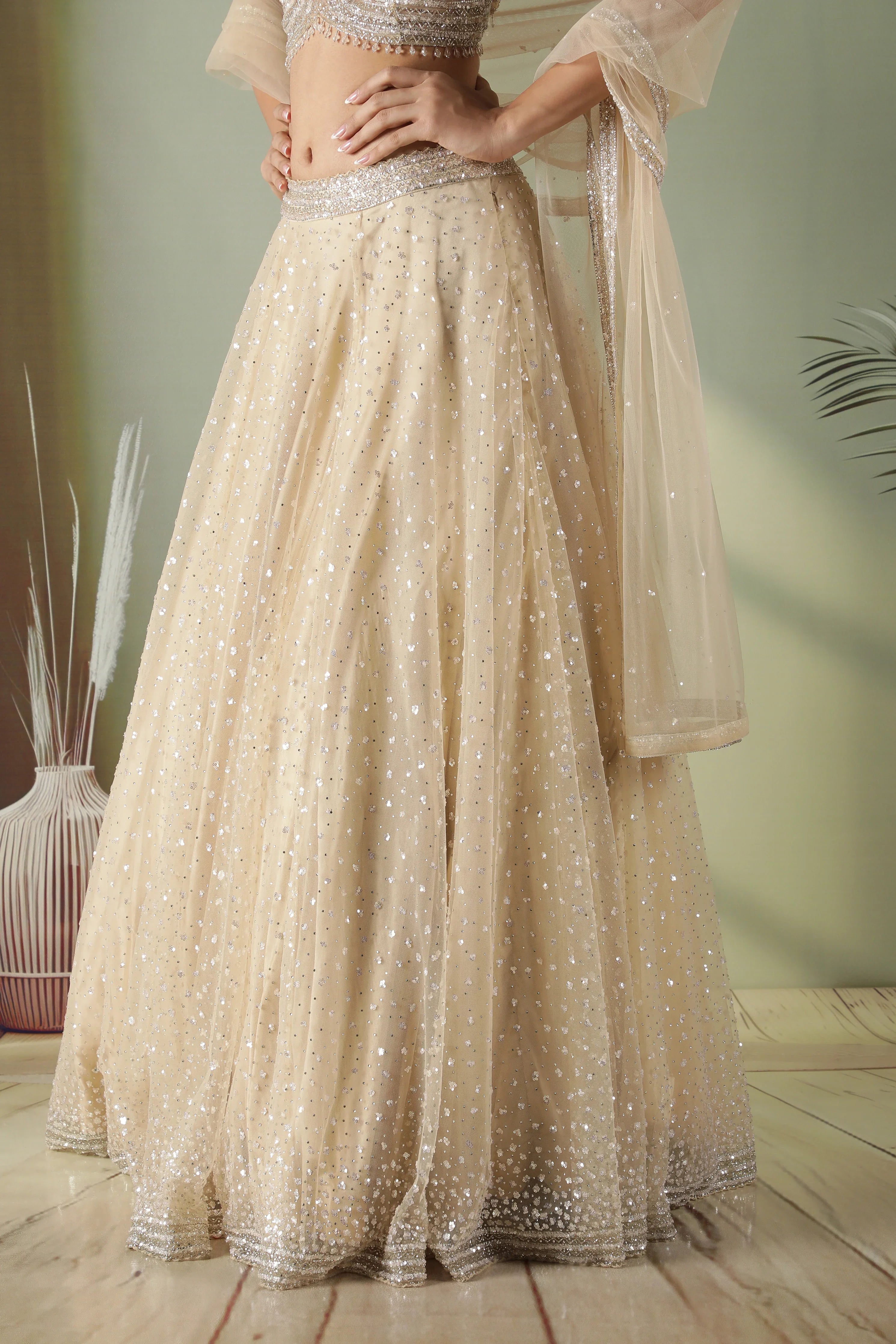 Champagne Gold Net Lehenga Set - Mokshaa