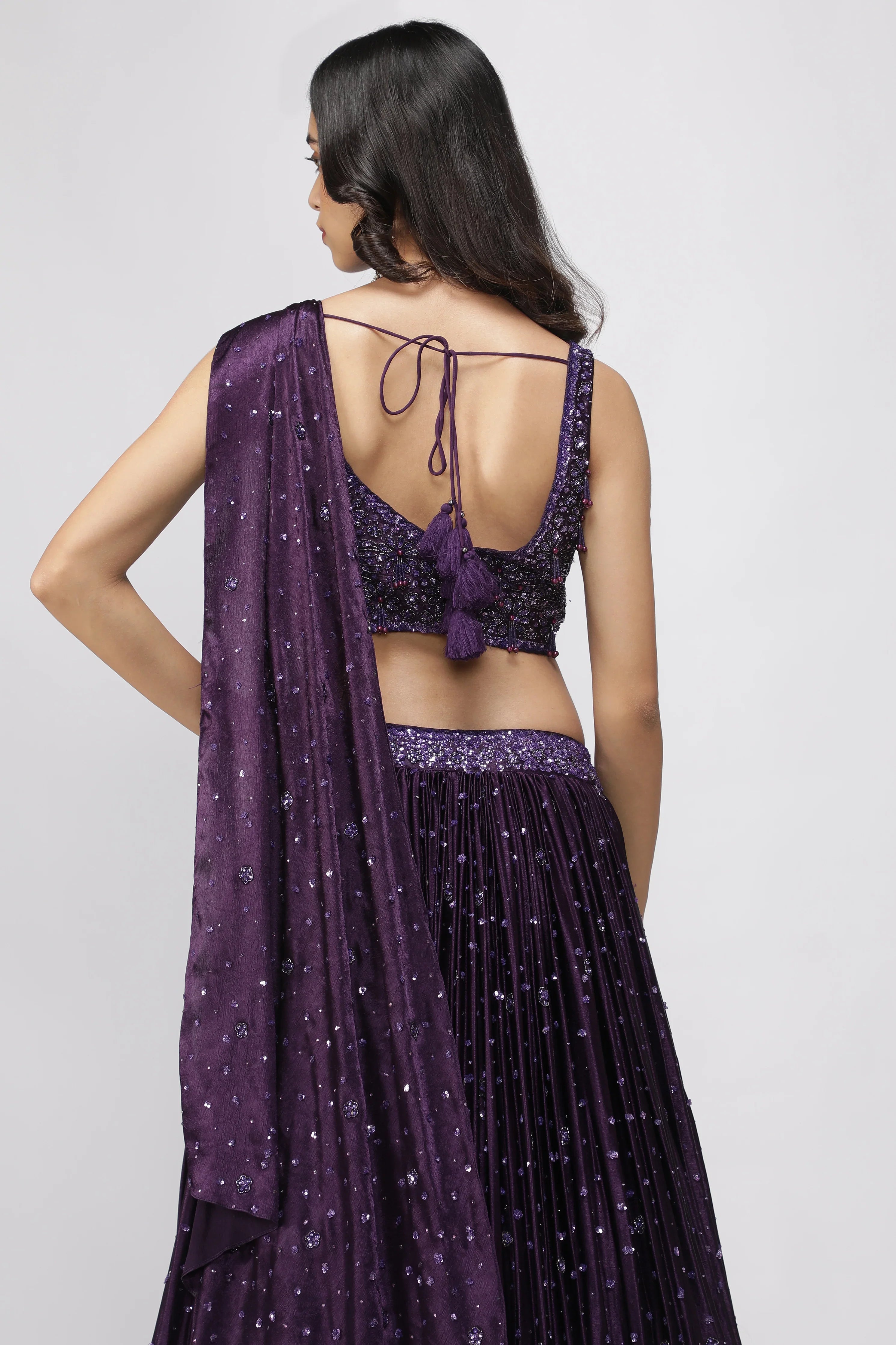 Wine Silk Drape Lehenga Set - Mokshaa