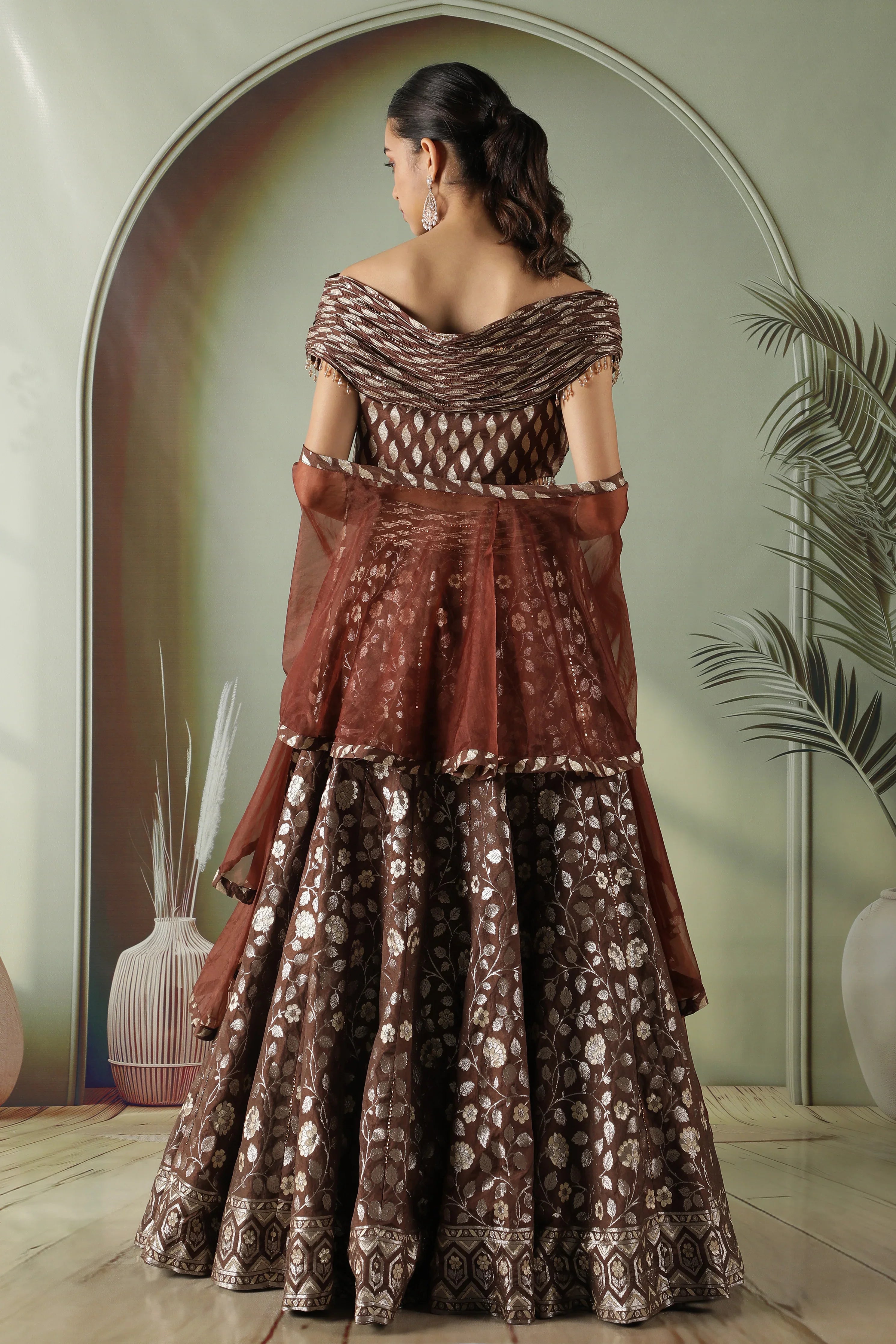 Coffee brown Banarasi silk lehenga set - Mokshaa