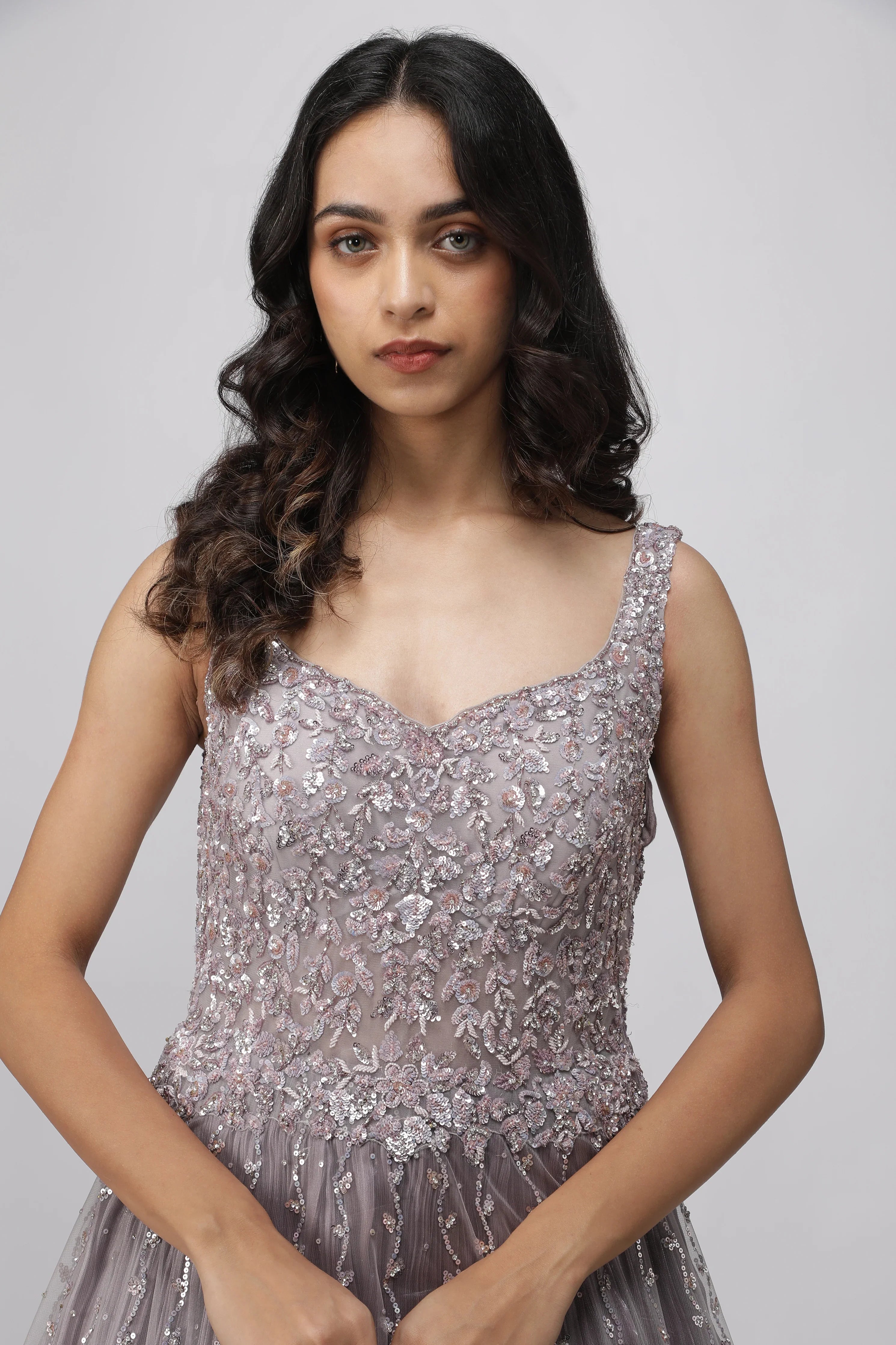 Lavender Net Gown with Pearl and Sequin Embroidery - Mokshaa