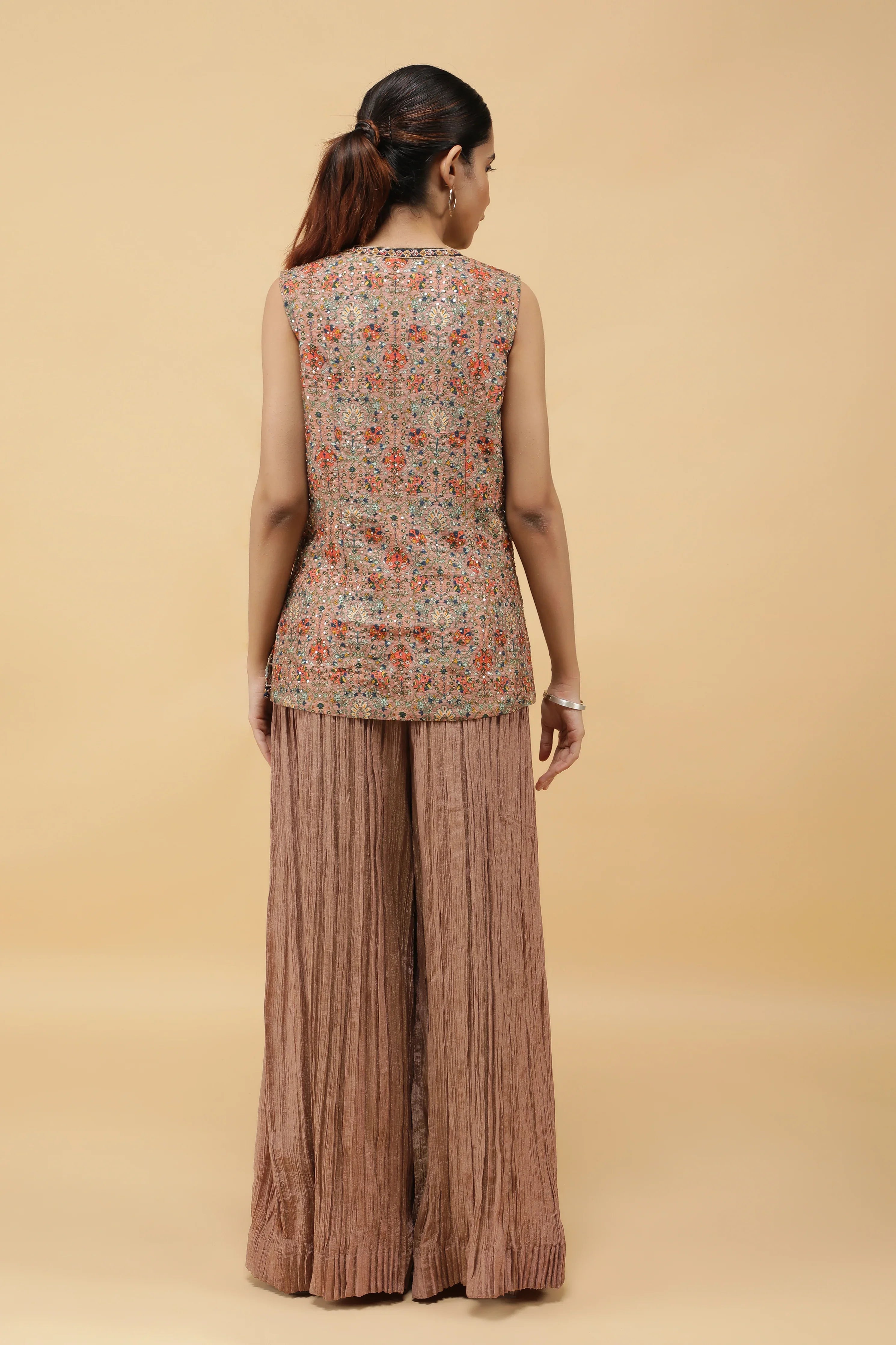Dusty Rose Tissue Silk Printed Top with Zari & Pearl Highlights and Palazzo - Mokshaa