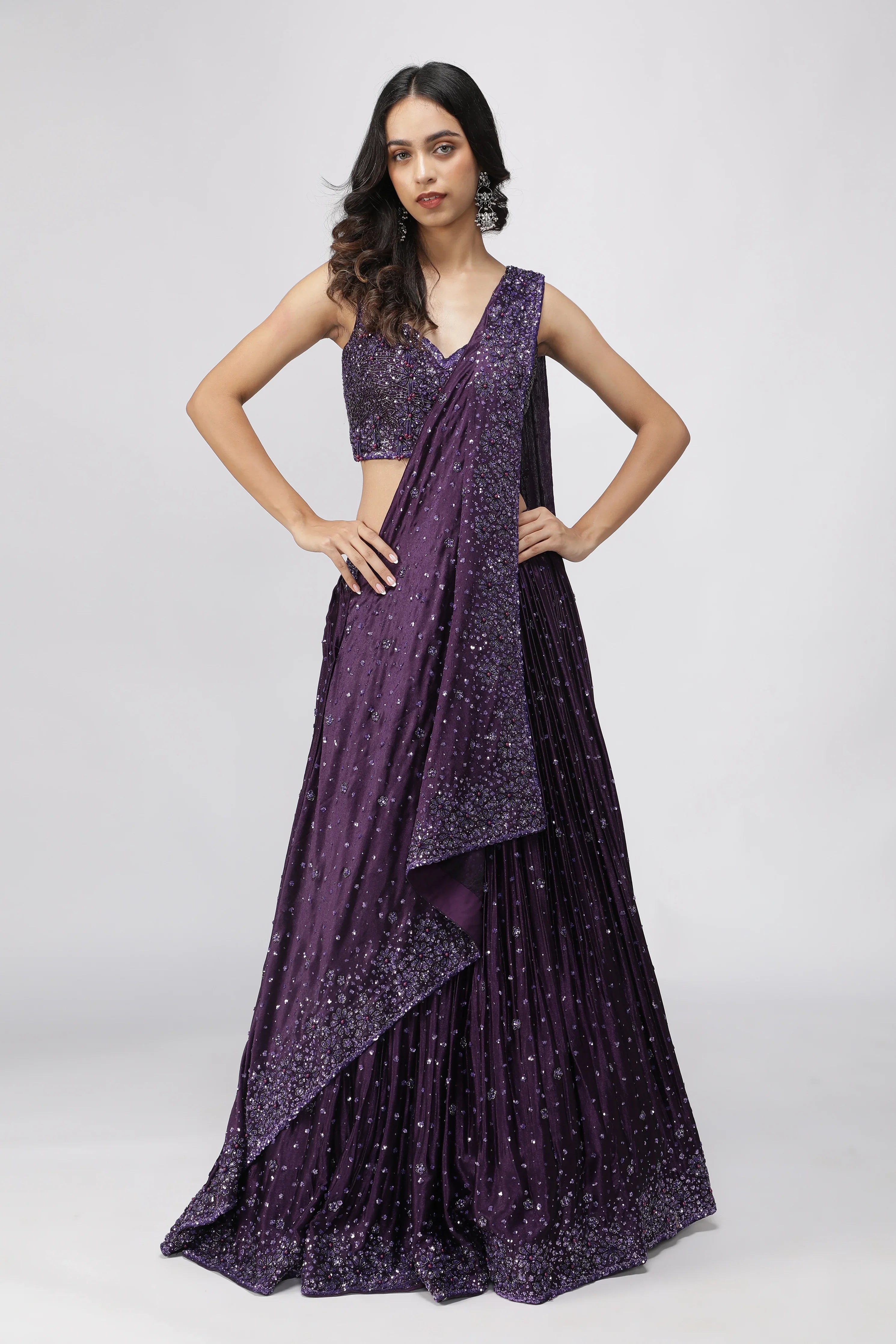 Wine Silk Drape Lehenga Set - Mokshaa