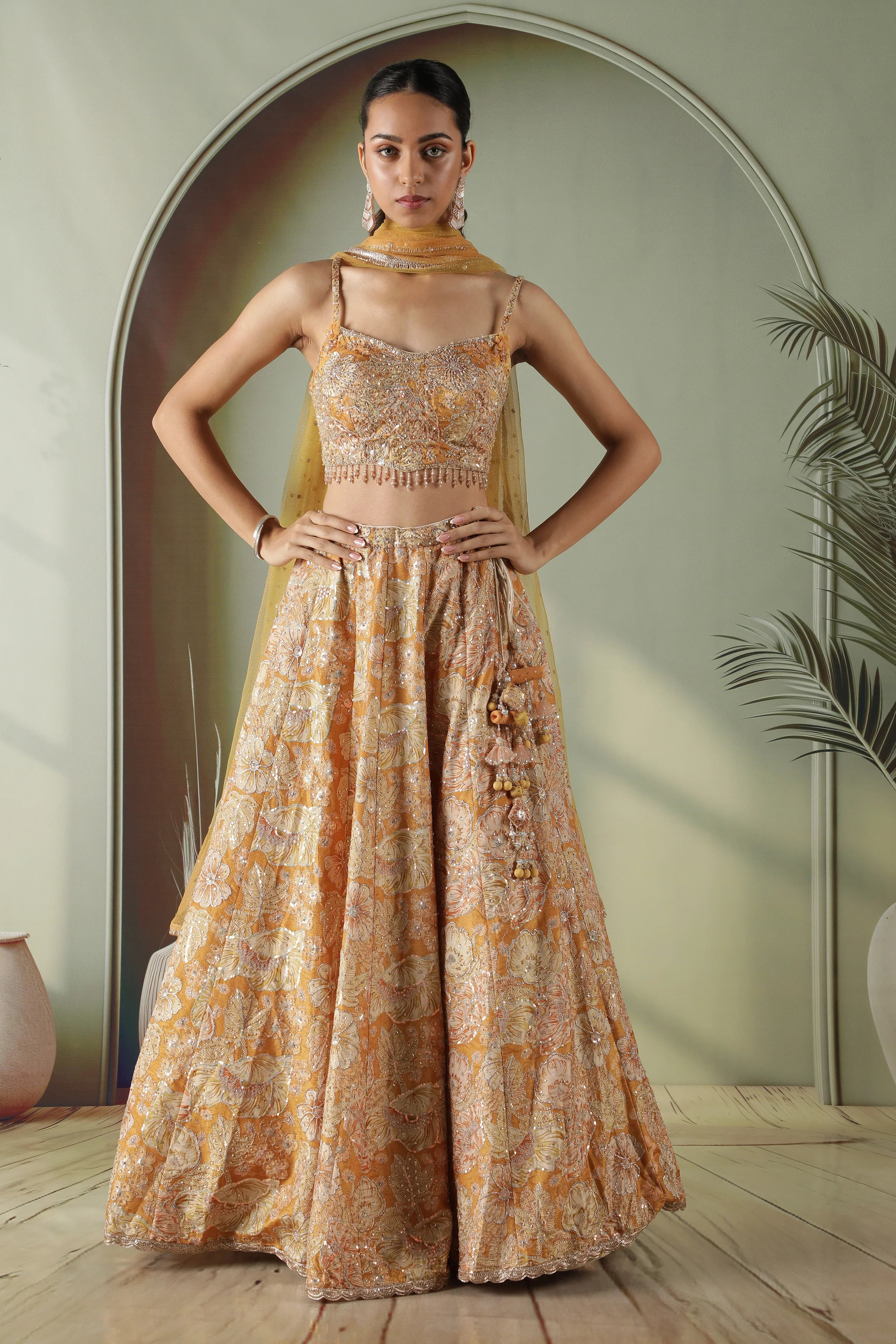 Golden Printed Tissue Lehenga Set - Mokshaa