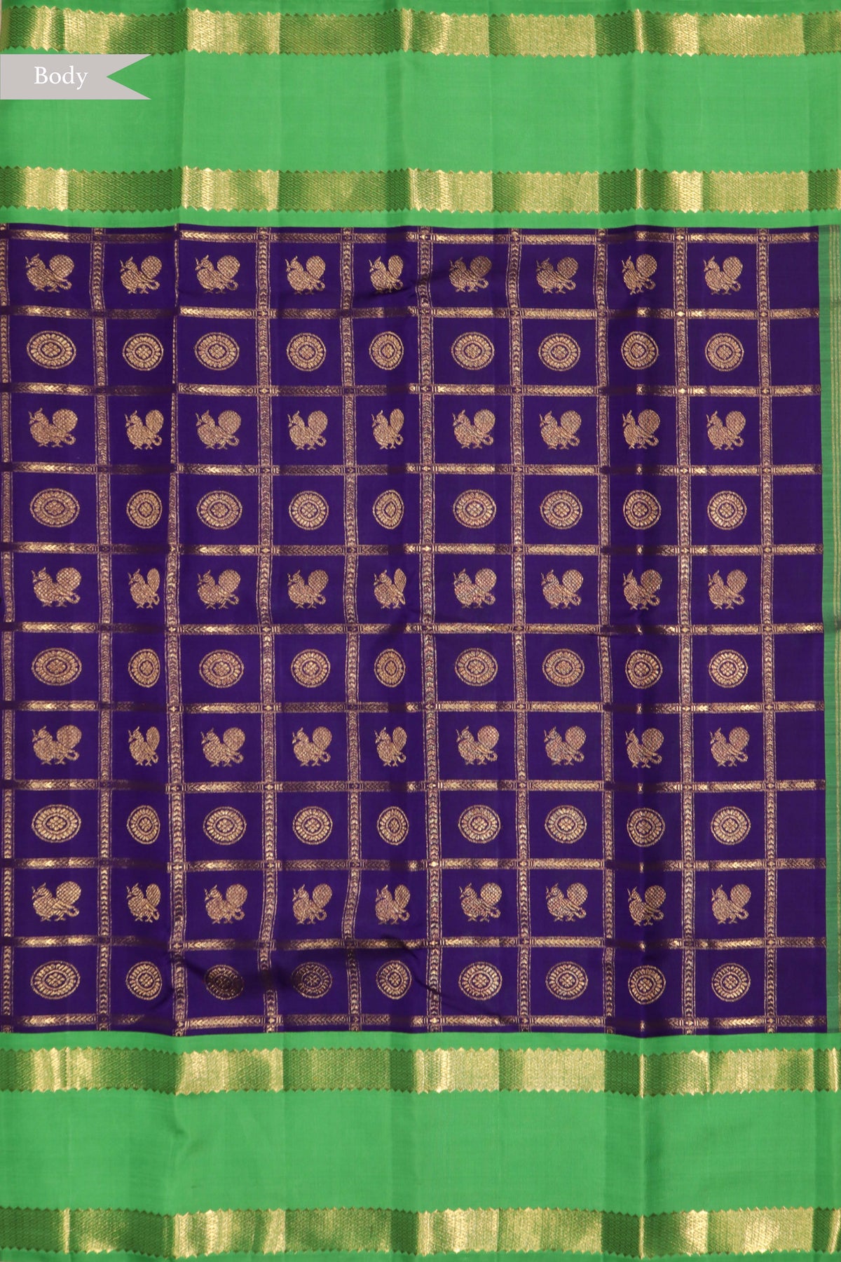 Royal Blue and Contrast Green Kanchivaram Silk Saree - Mokshaa