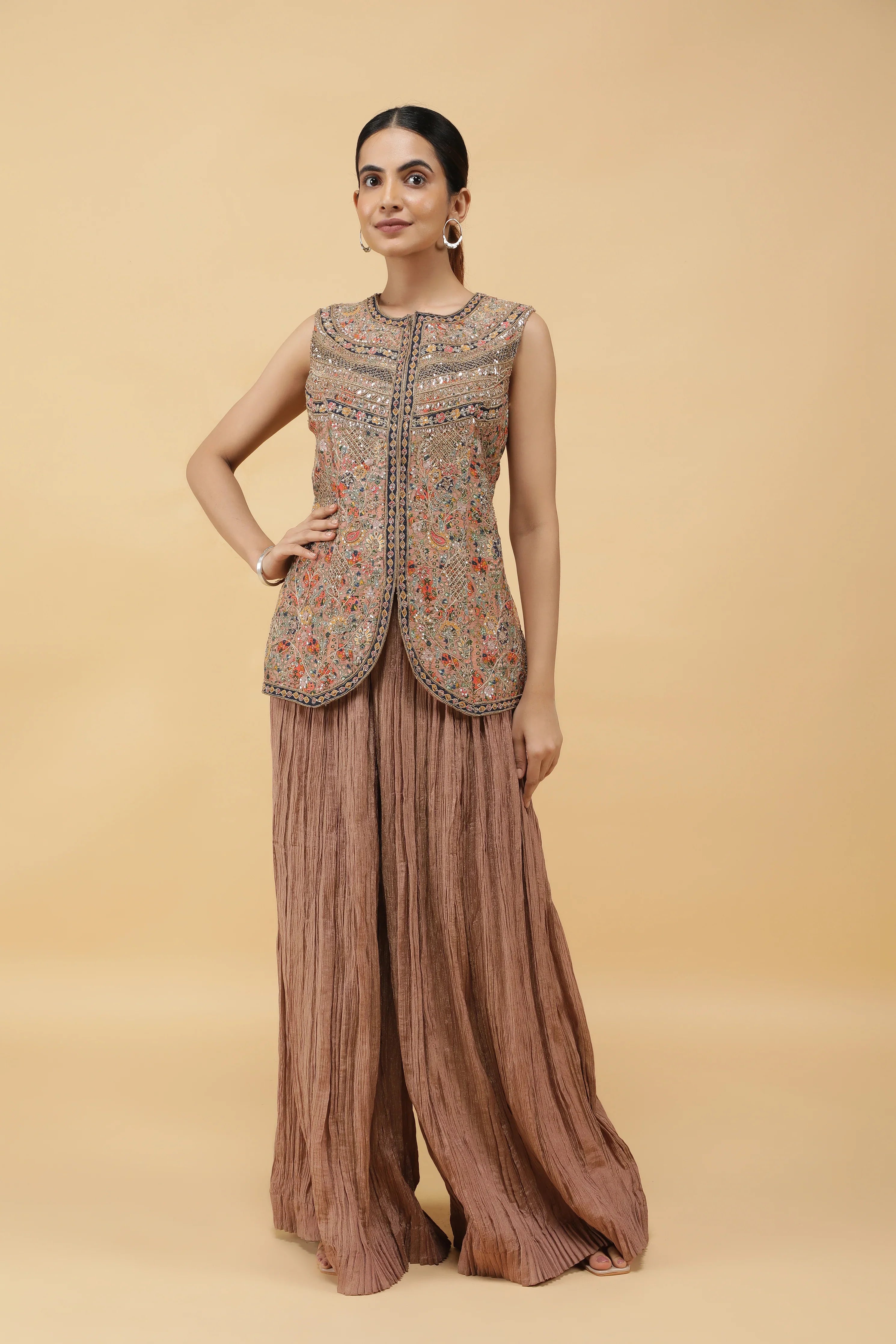 Dusty Rose Tissue Silk Printed Top with Zari & Pearl Highlights and Palazzo - Mokshaa