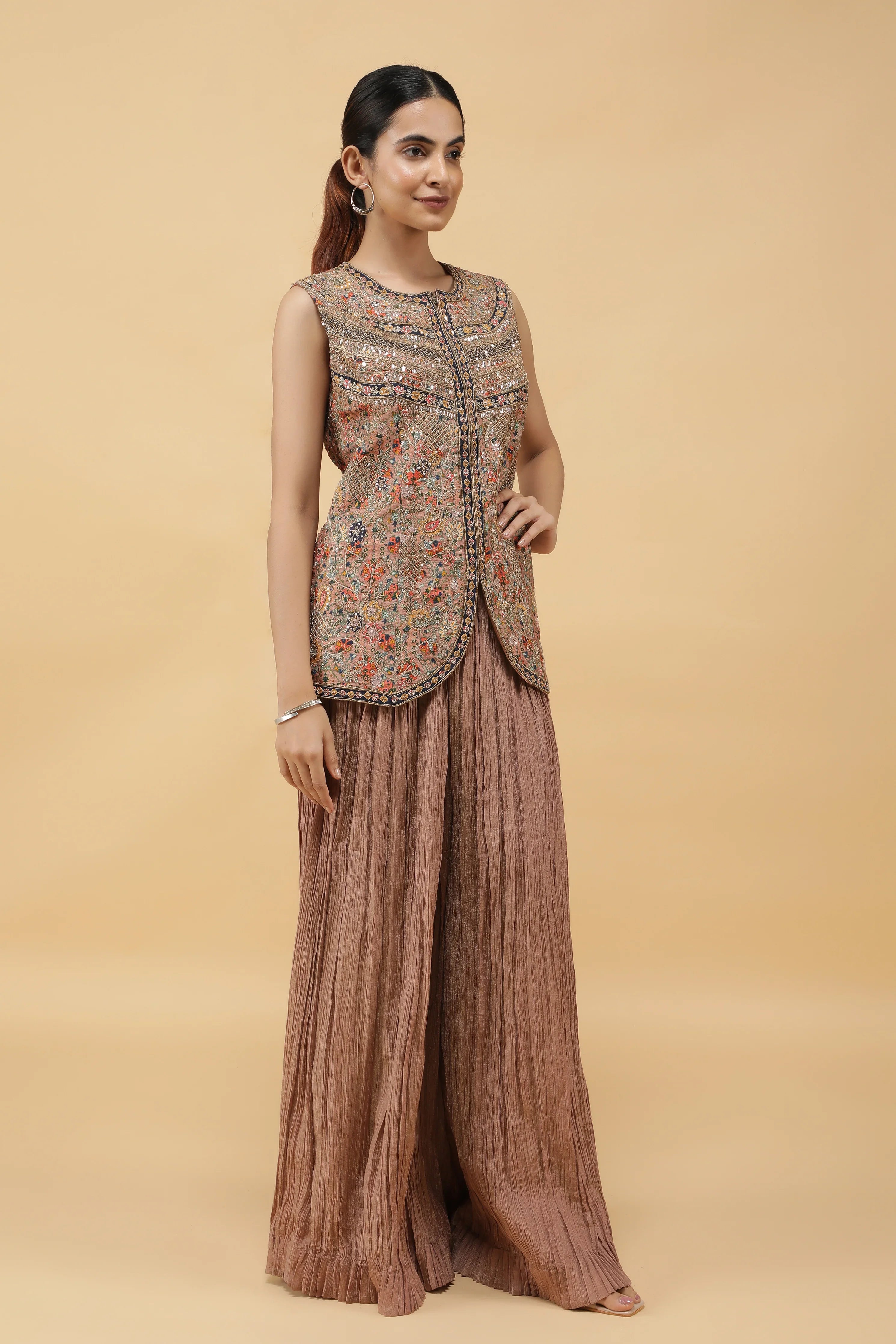 Dusty Rose Tissue Silk Printed Top with Zari & Pearl Highlights and Palazzo - Mokshaa