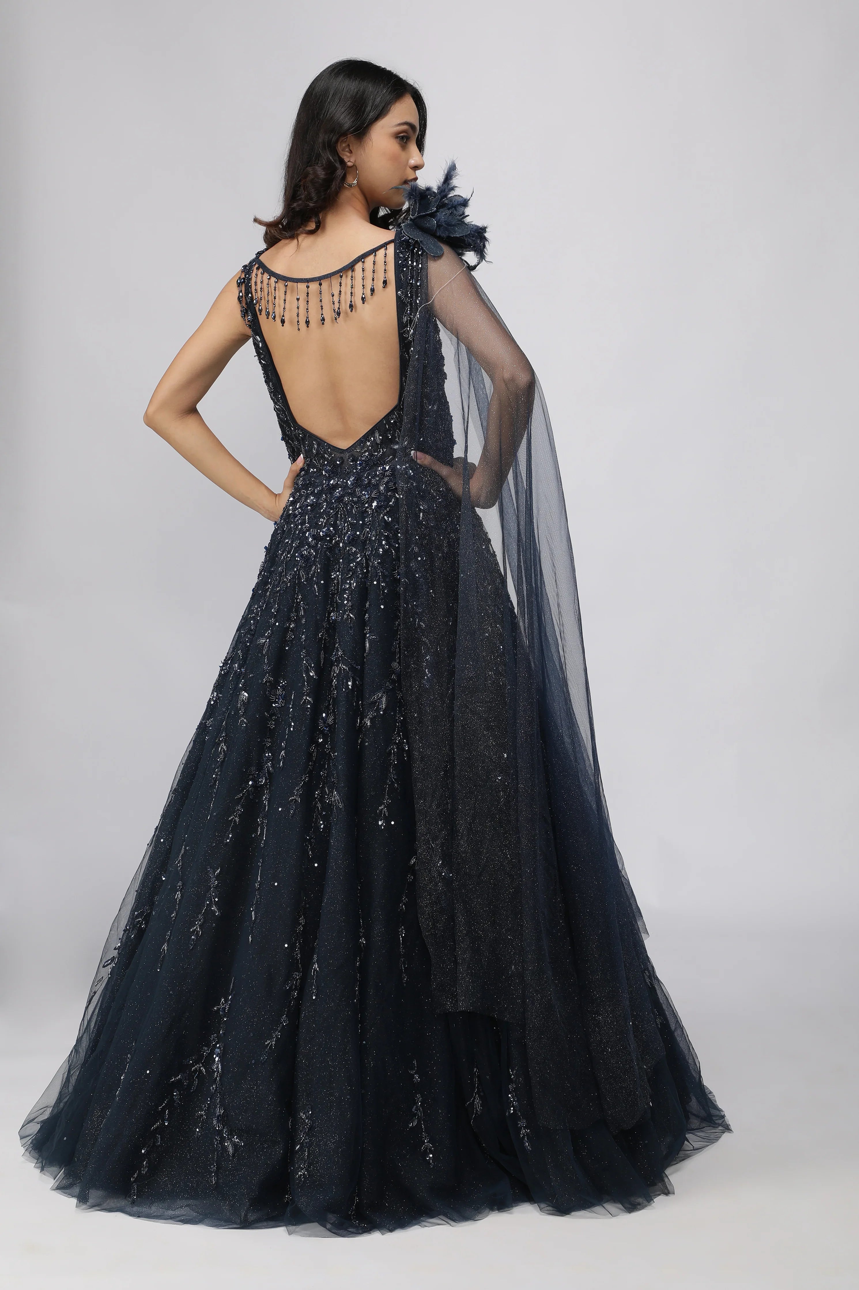 Navy Blue Net Gown with Sequin, Cutdana & Pearl Embellishments - Mokshaa