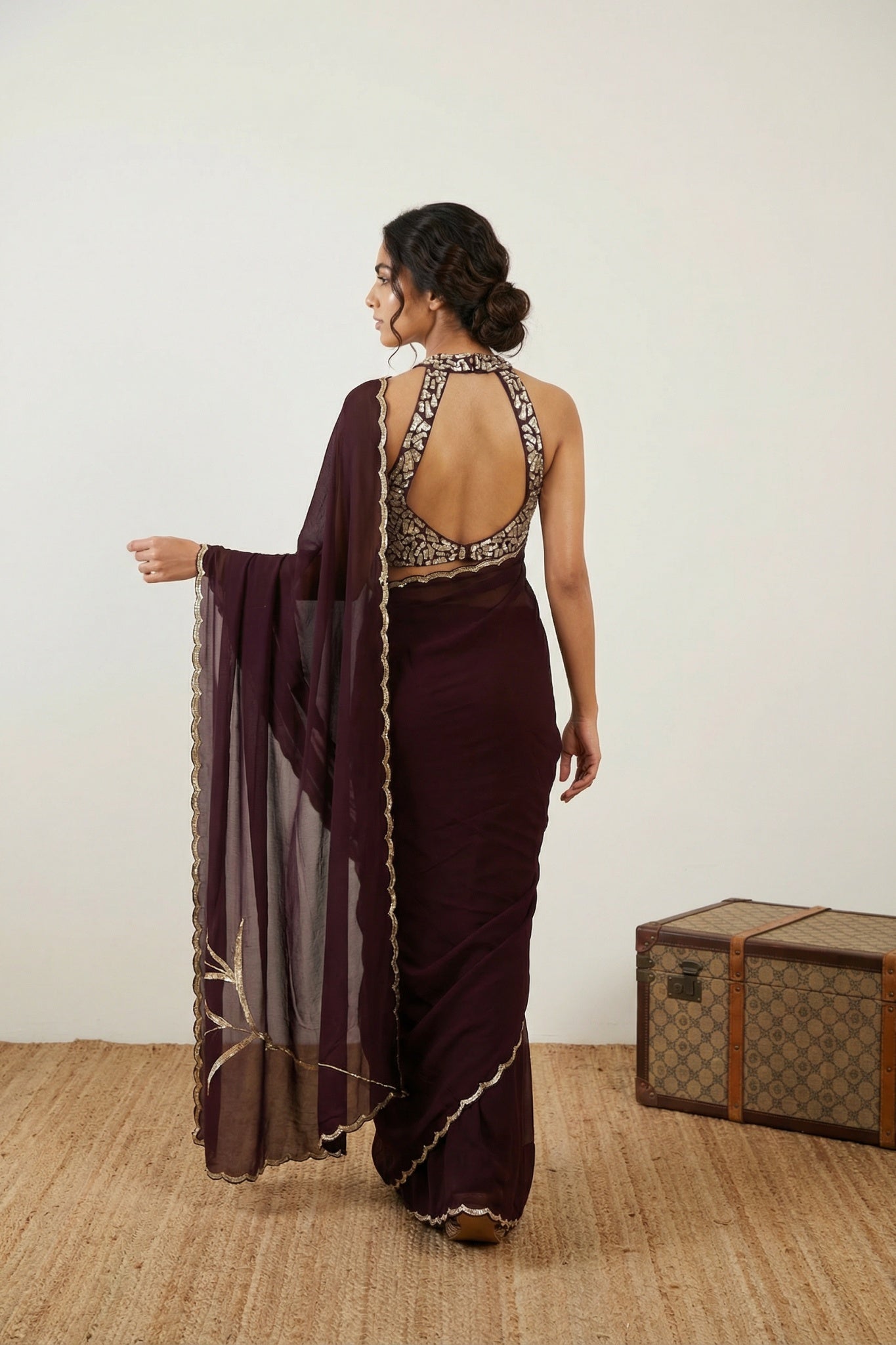Coffee Brown Georgette Saree with Sequin Border - Mokshaa
