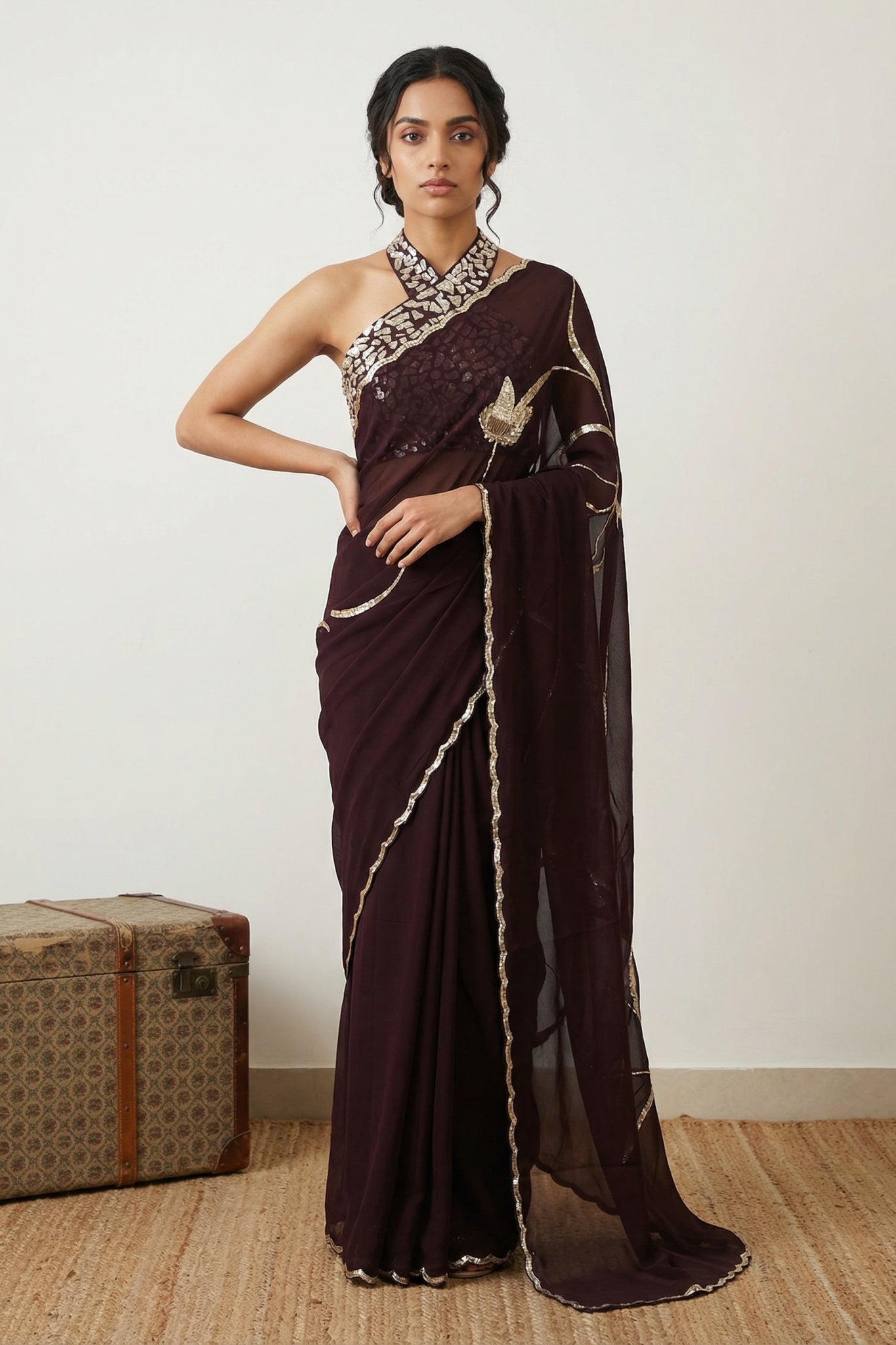 Coffee Brown Georgette Saree with Sequin Border - Mokshaa