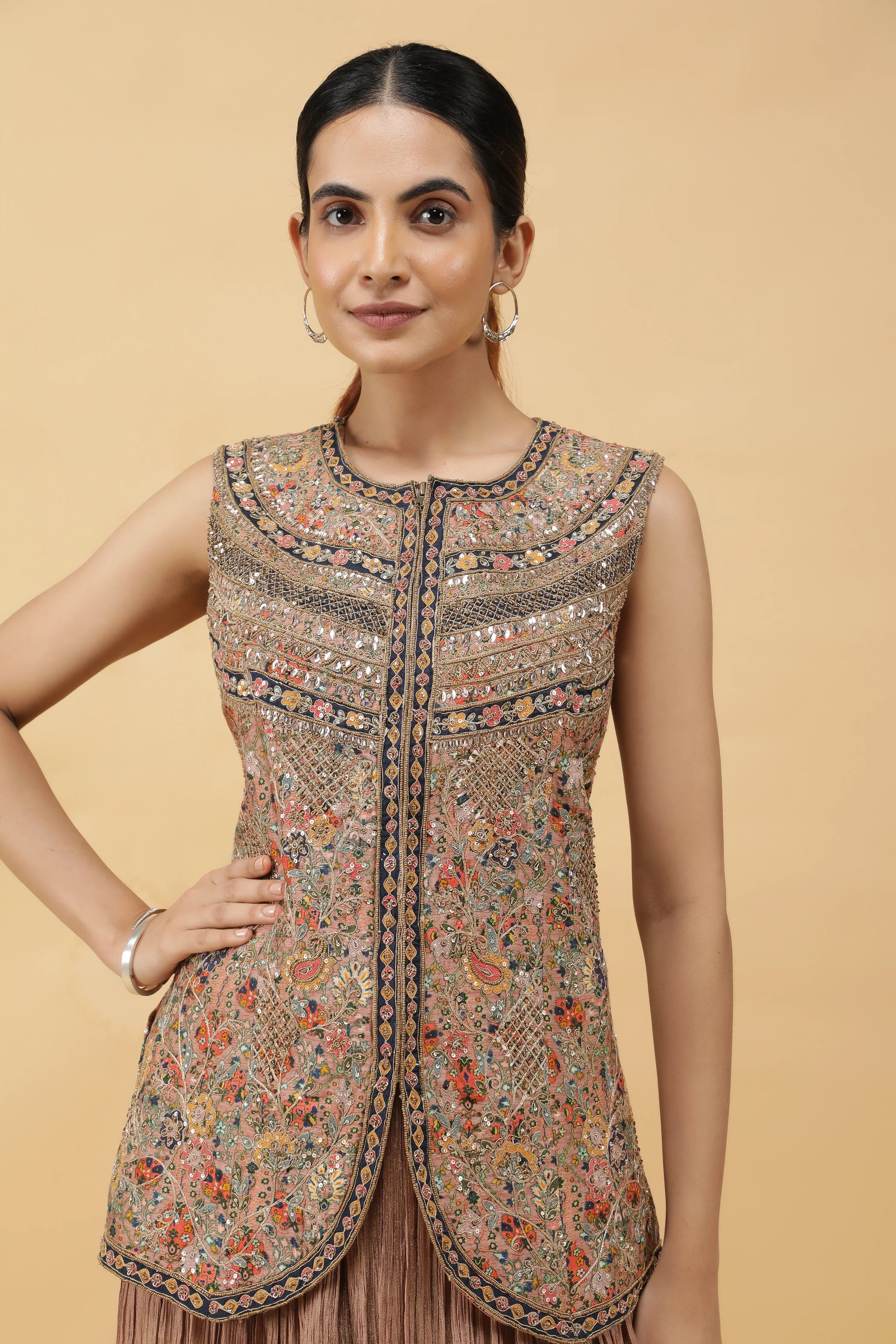 Dusty Rose Tissue Silk Printed Top with Zari & Pearl Highlights and Palazzo - Mokshaa
