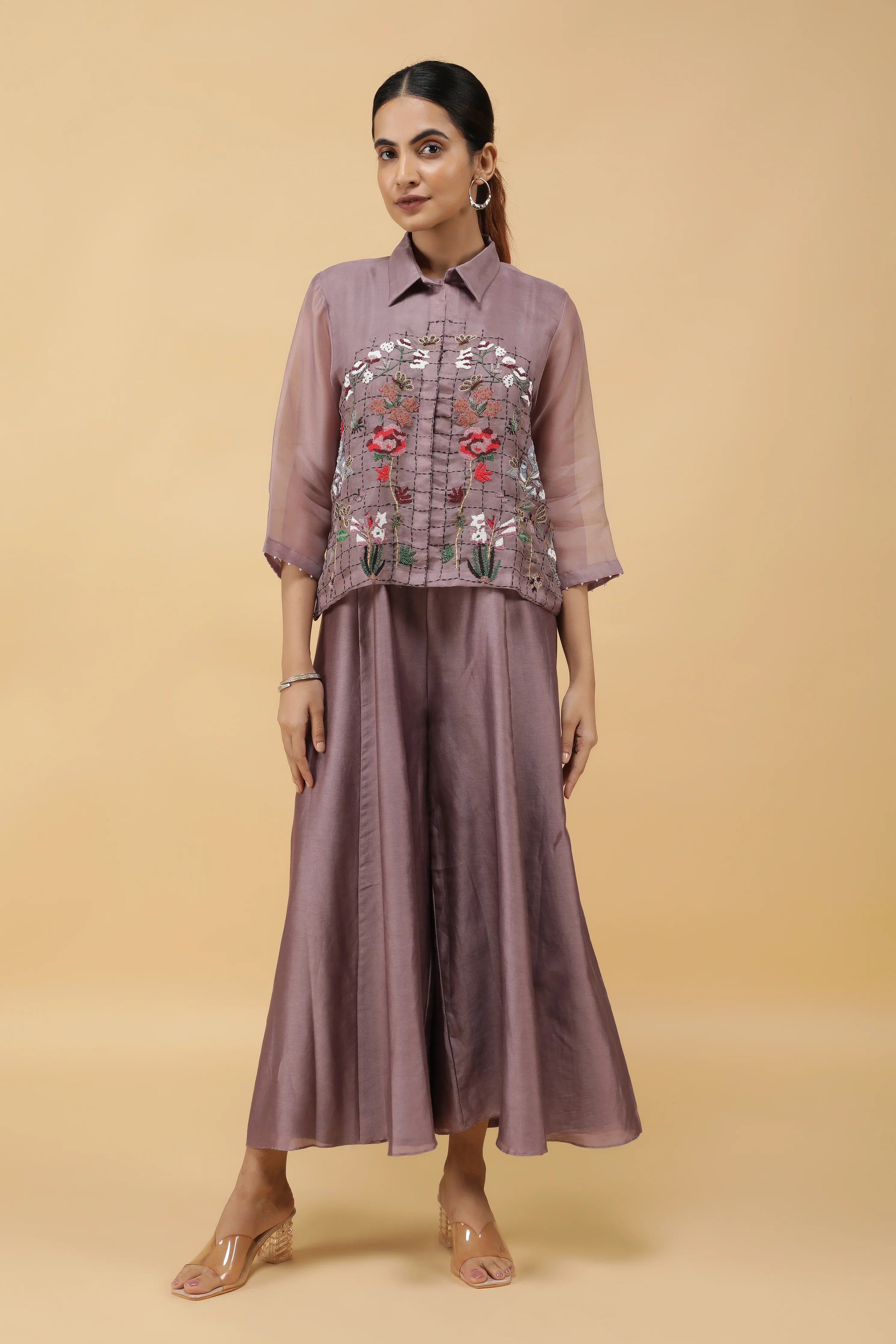 Dusty Rose Silk Jumpsuit with Embroidered Organza Top - Mokshaa