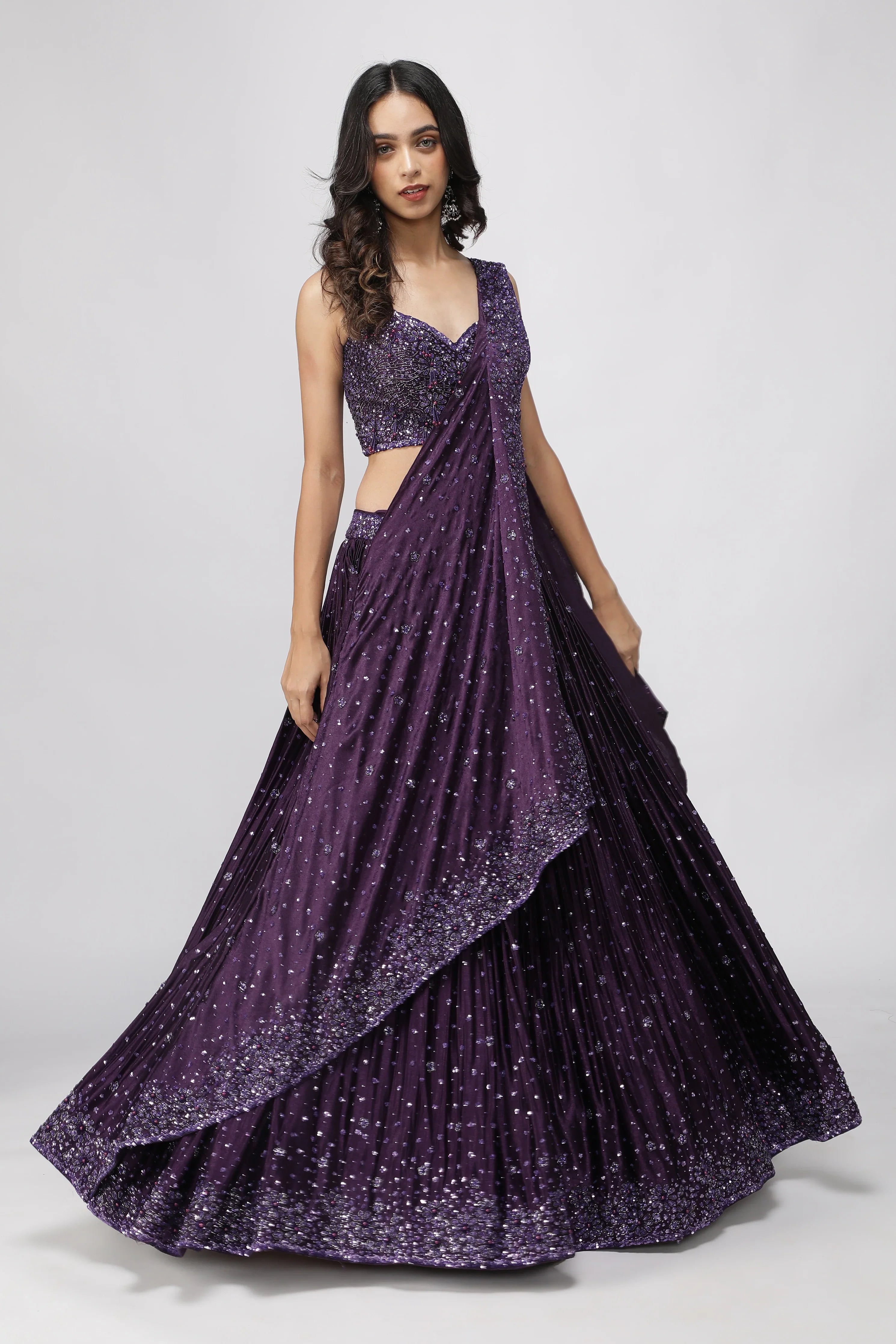 Wine Silk Drape Lehenga Set - Mokshaa