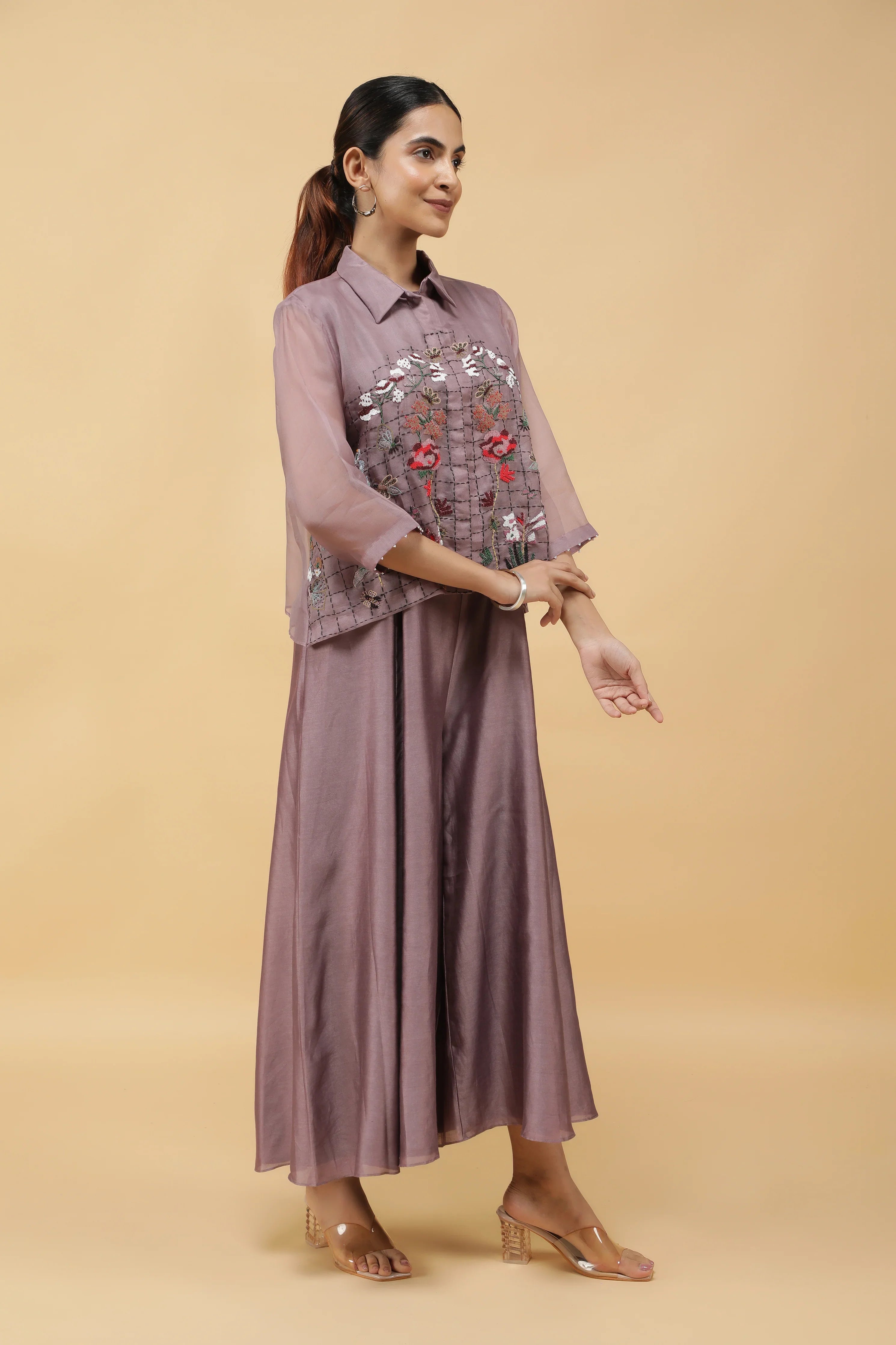 Dusty Rose Silk Jumpsuit with Embroidered Organza Top - Mokshaa