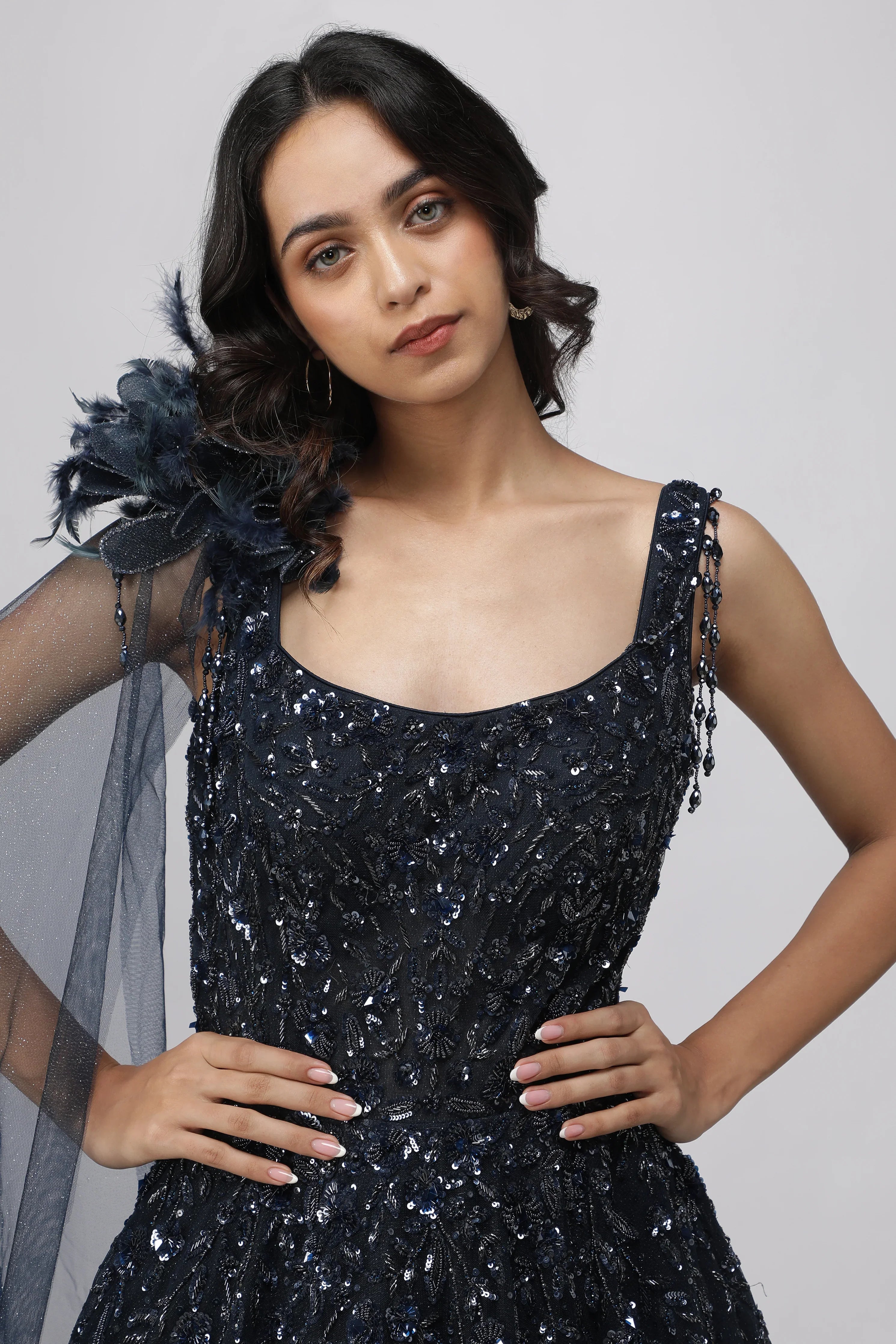 Navy Blue Net Gown with Sequin, Cutdana & Pearl Embellishments - Mokshaa