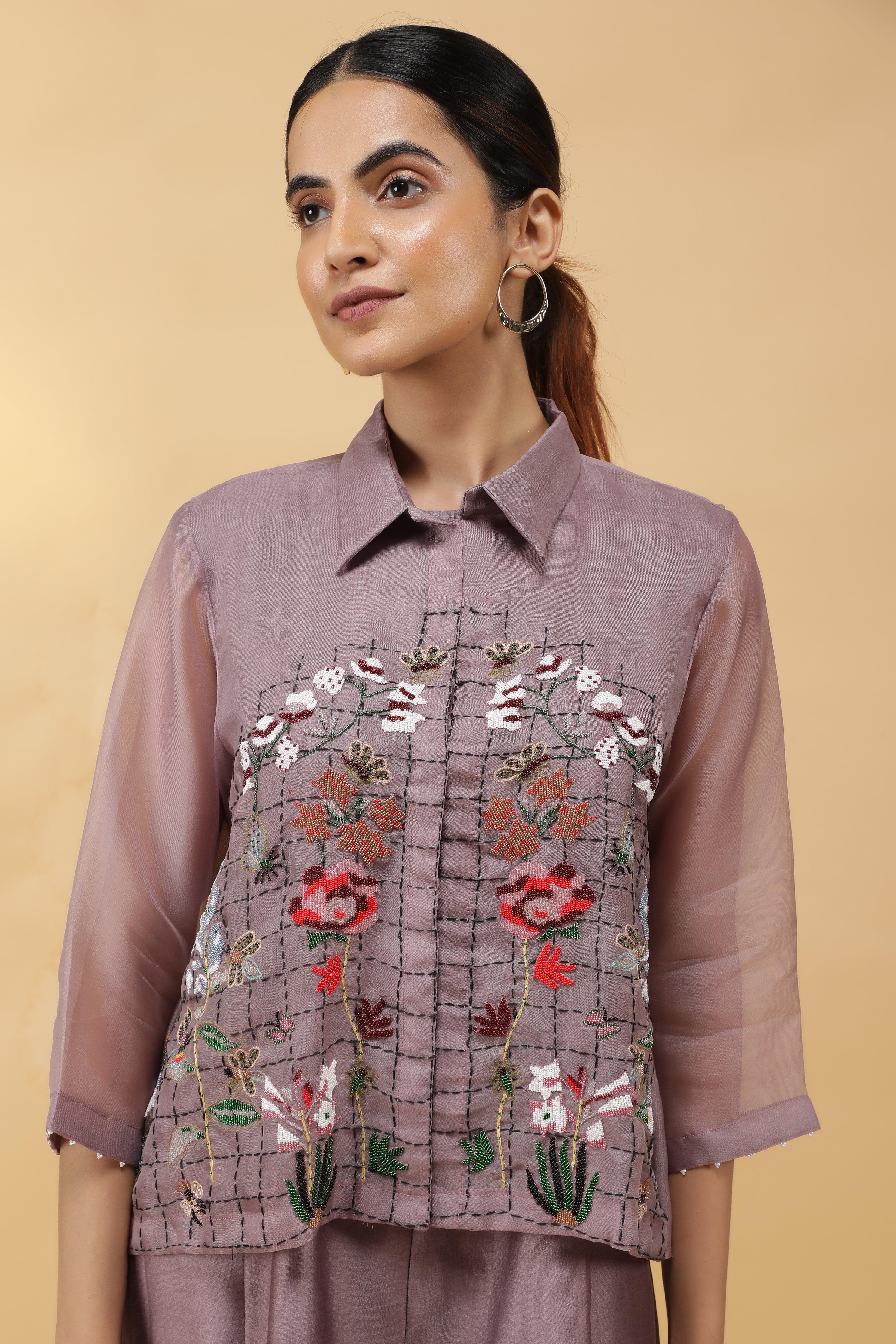 Dusty Rose Silk Jumpsuit with Embroidered Organza Top - Mokshaa