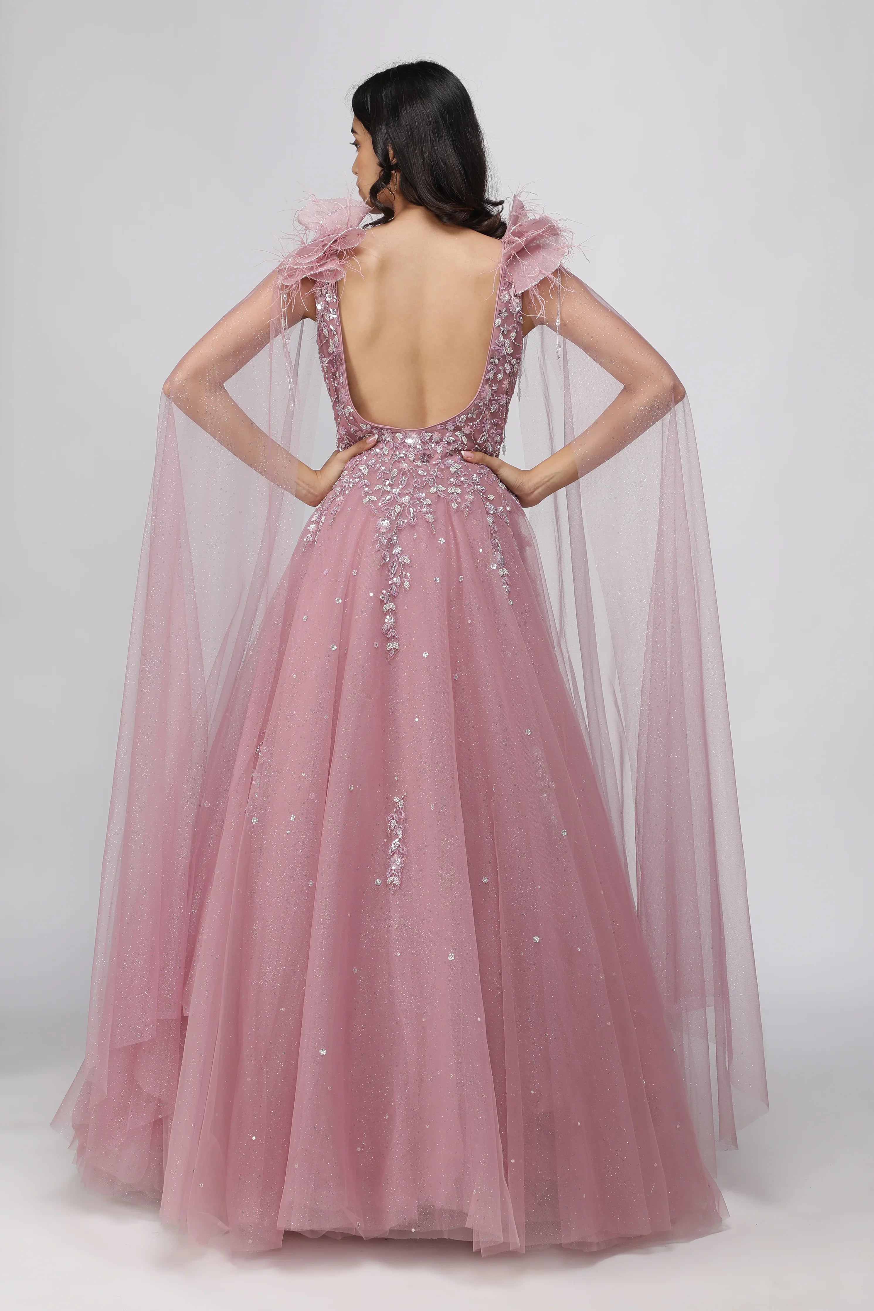 Dusty Lavender Net Gown with Pearl and Sequin Embellishments - Mokshaa