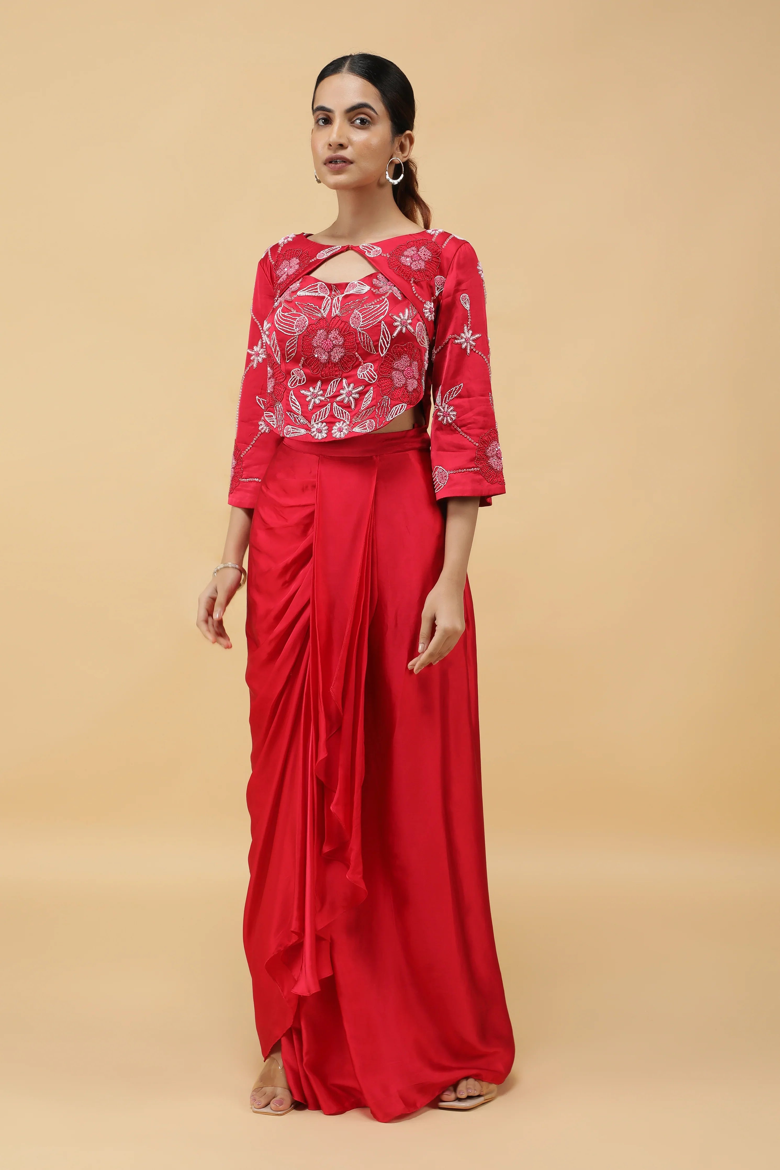 Red Satin Corset Top with Embroidered Jacket and Draped Skirt - Mokshaa