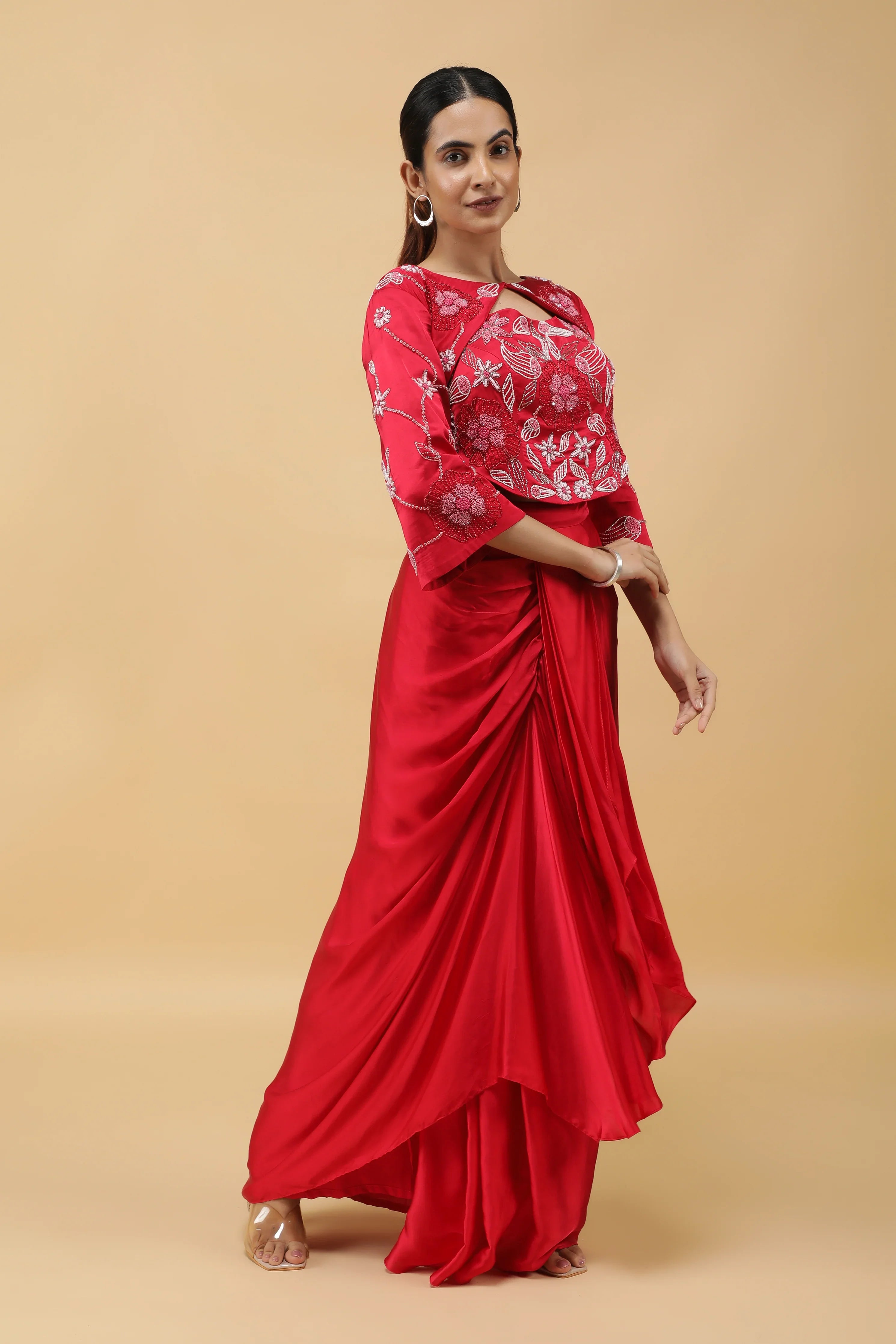 Red Satin Corset Top with Embroidered Jacket and Draped Skirt - Mokshaa